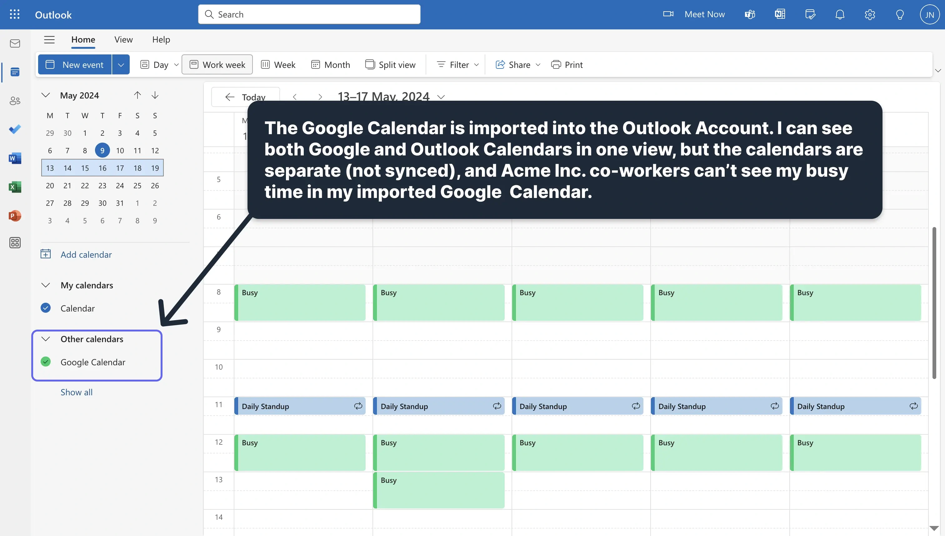 Illustration explaining why importing Google Calendar into Outlook doesn't sync the calendars