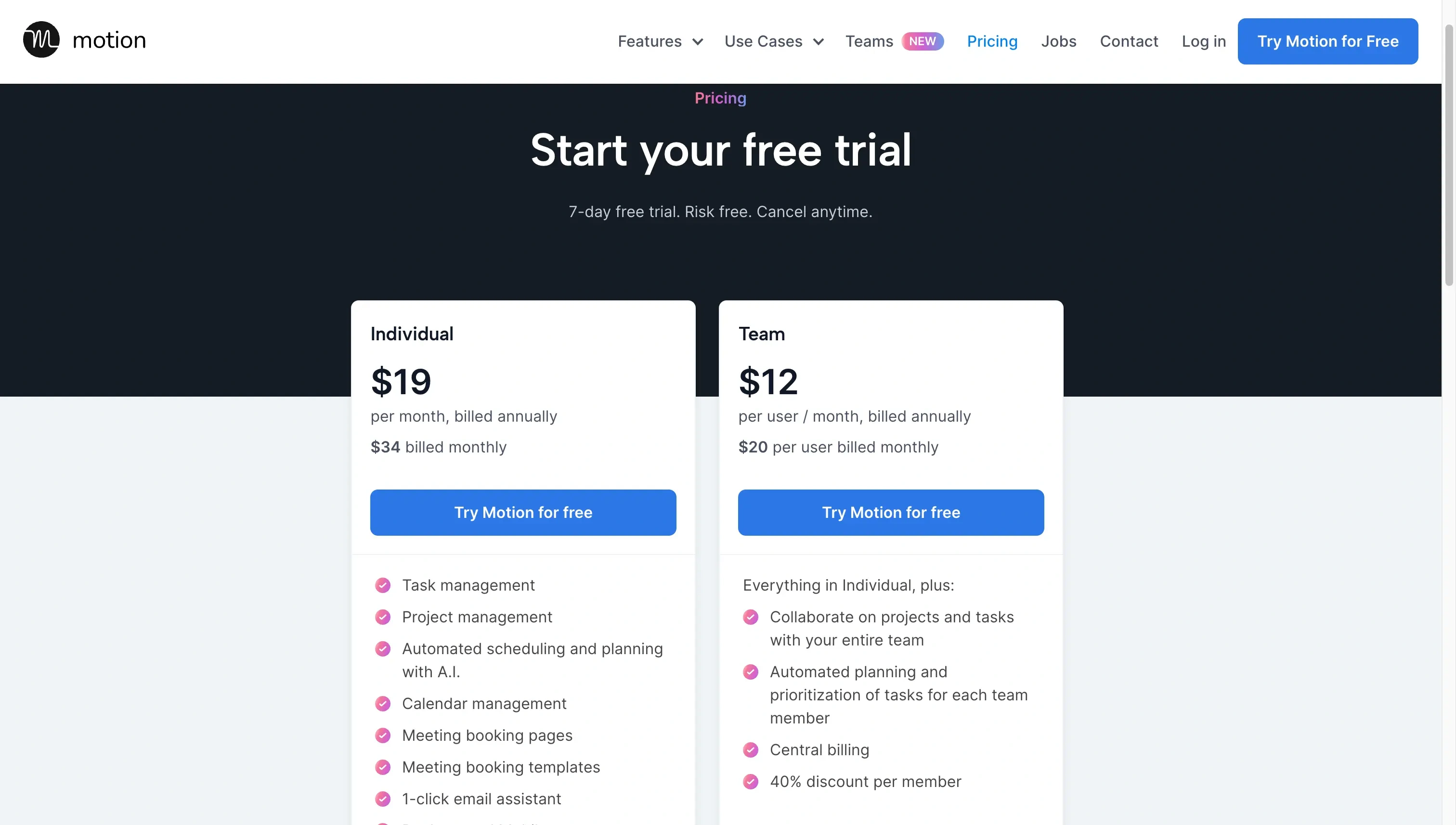 Motion Pricing Page