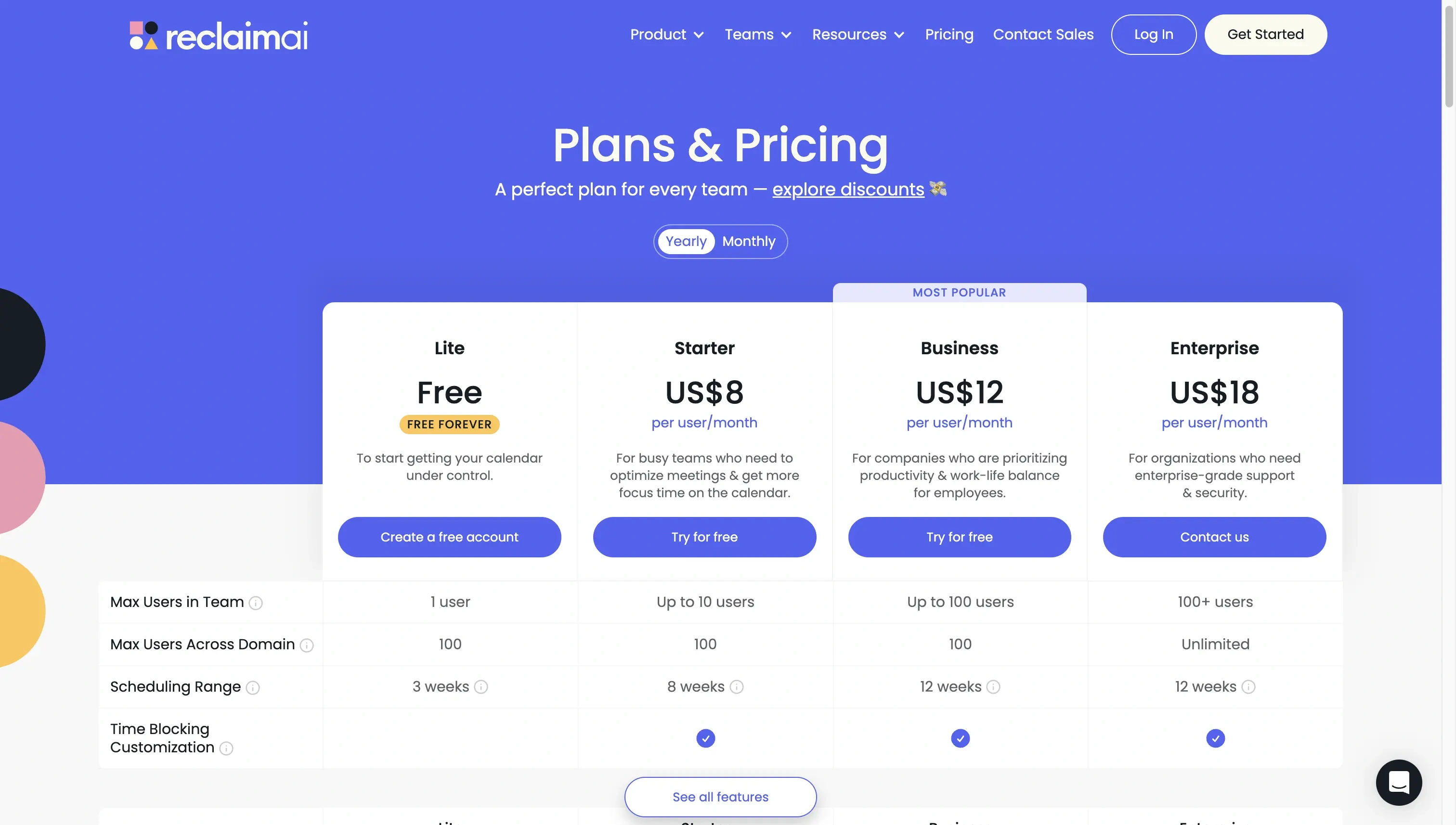 Screenshot of Reclaim AI pricing page