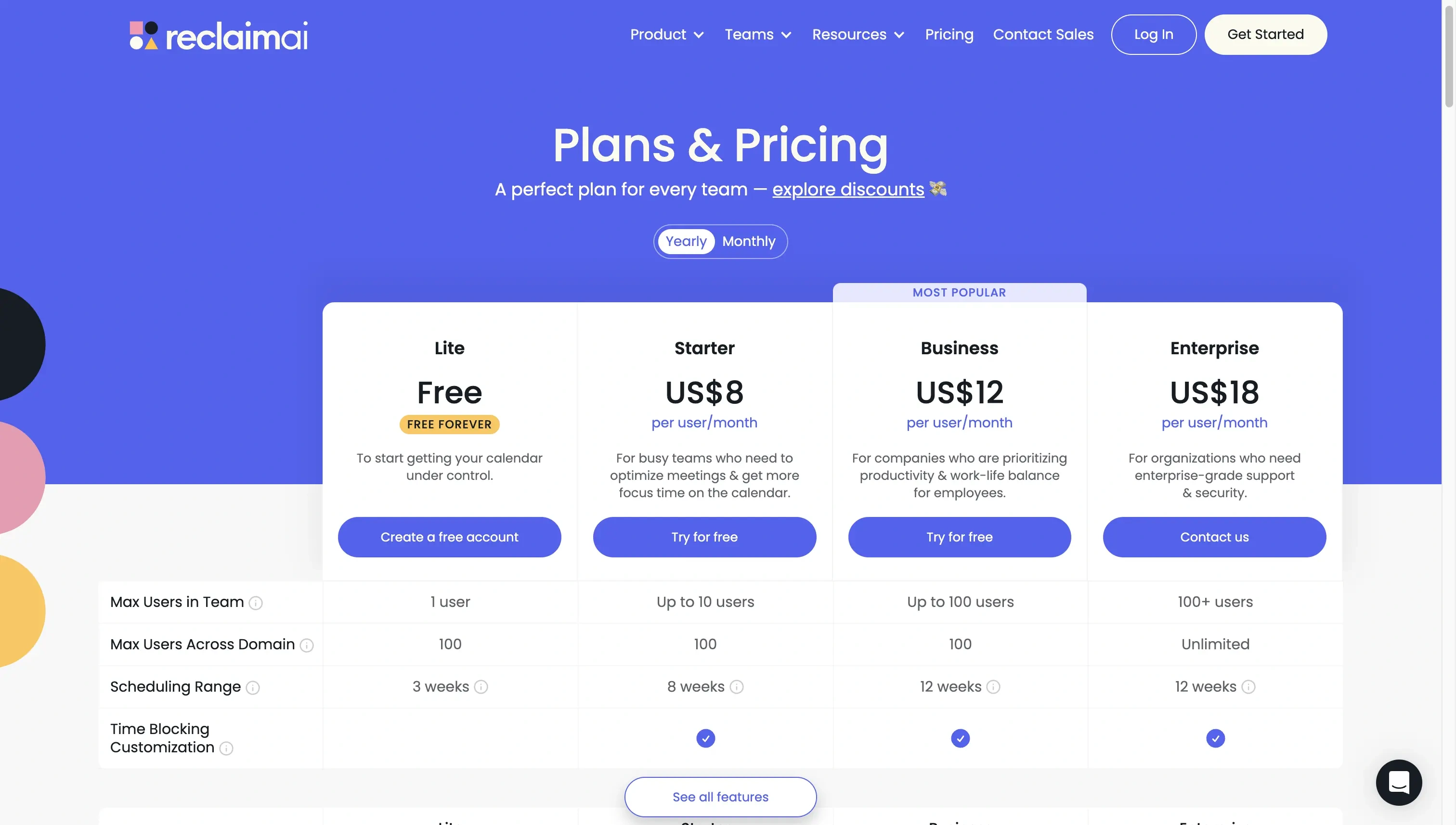 The Reclaim Pricing Page