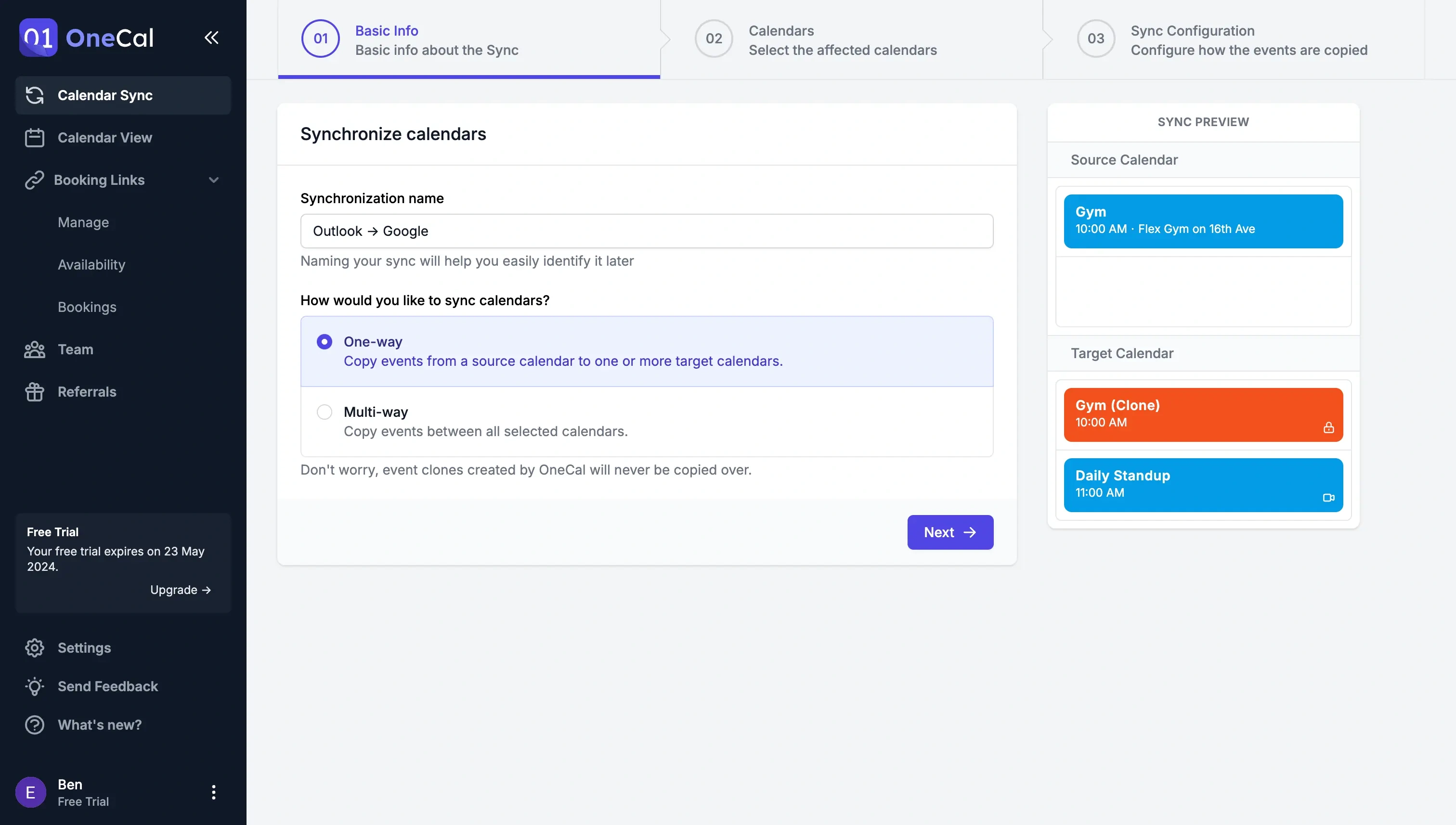 OneCal Calendar Sync - Choose Outlook > Google Calendar sync direction