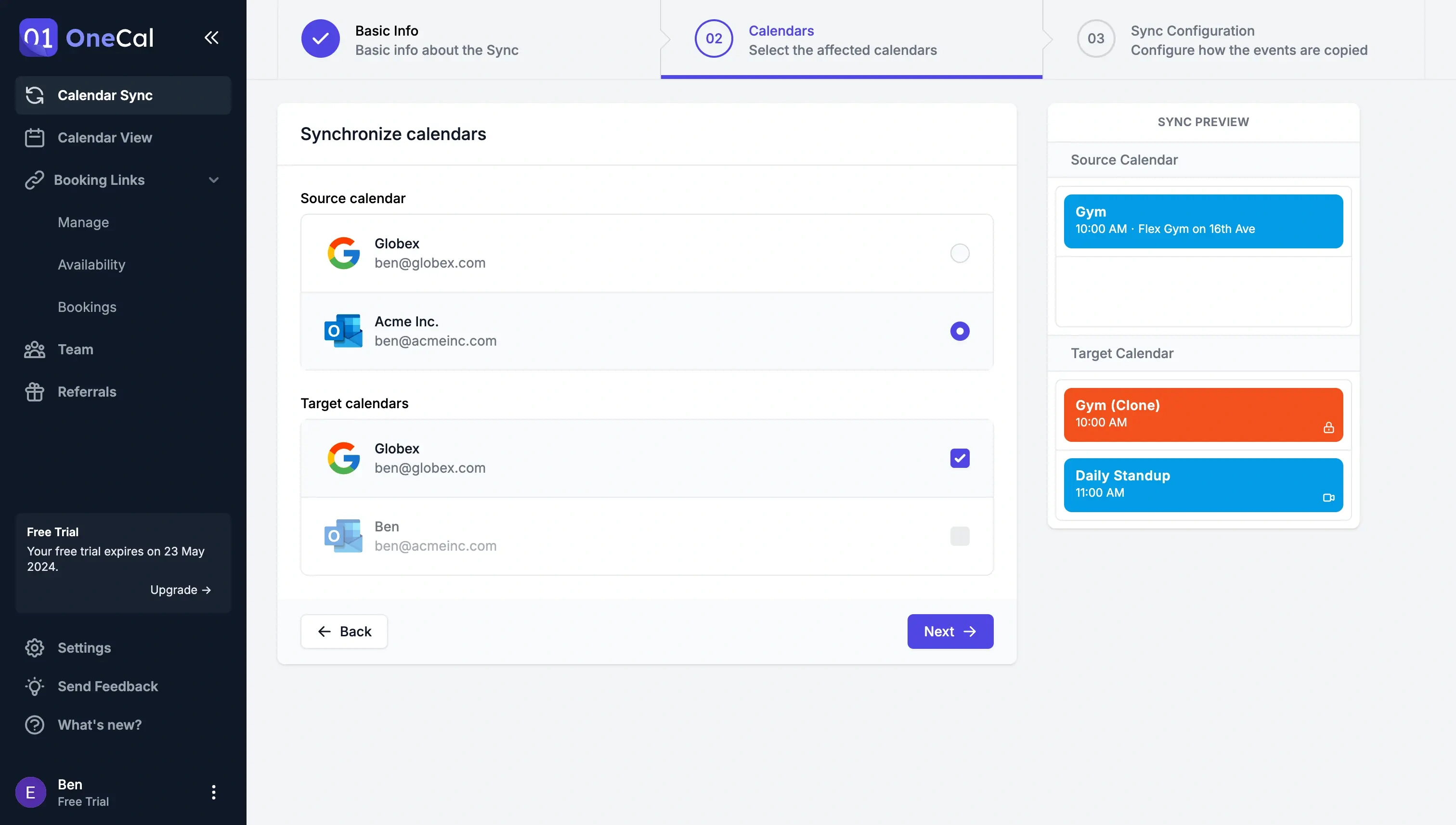 OneCal - Choose source and target calendar to sync