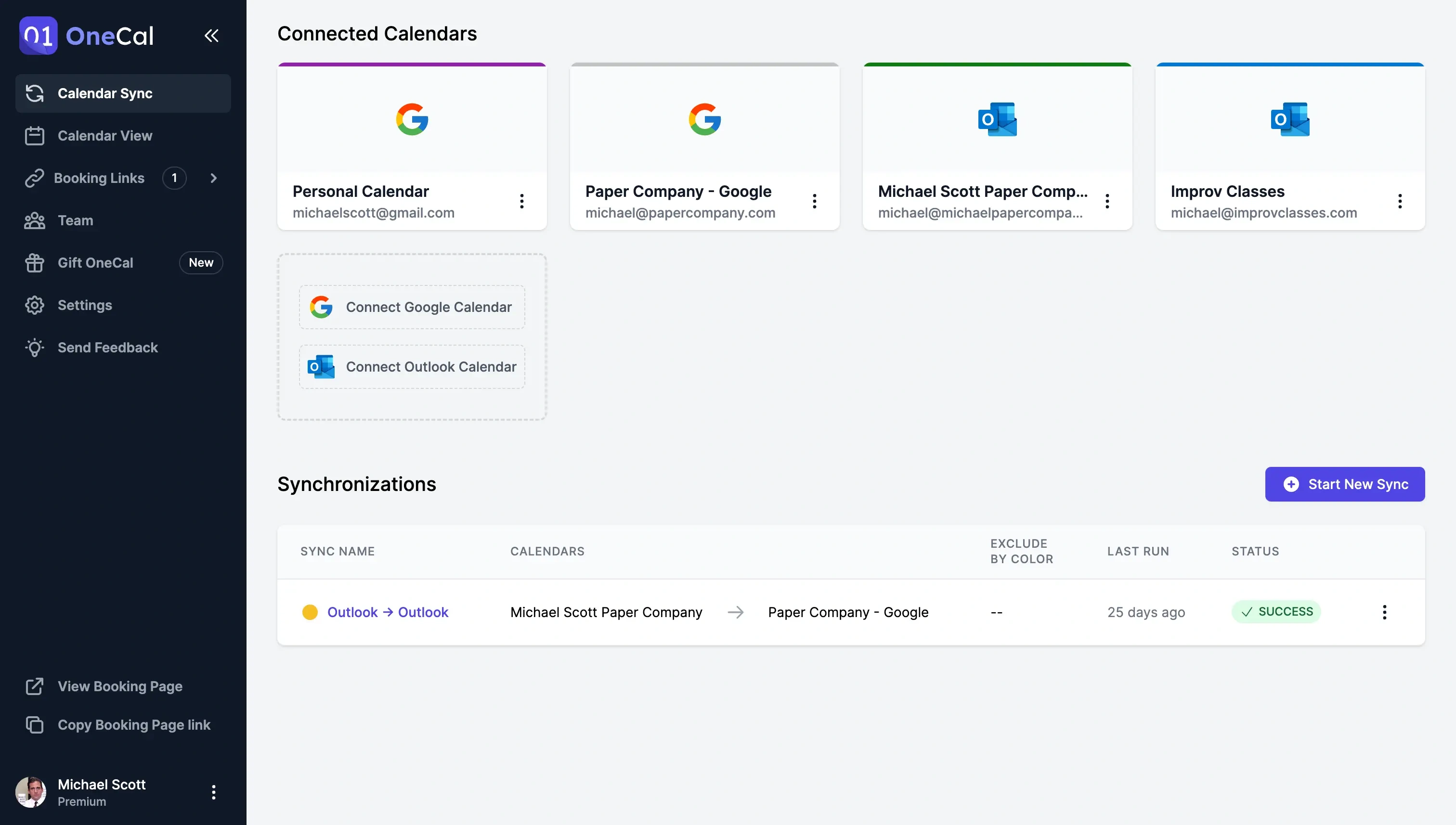 Screenshot of the OneCal Dashboard