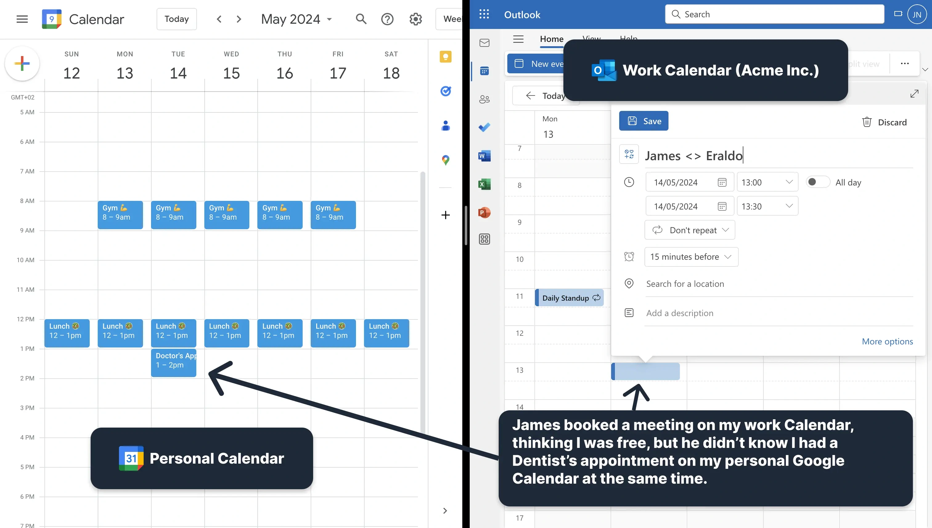 Issues of managing Google Calendar and Outlook at the same time