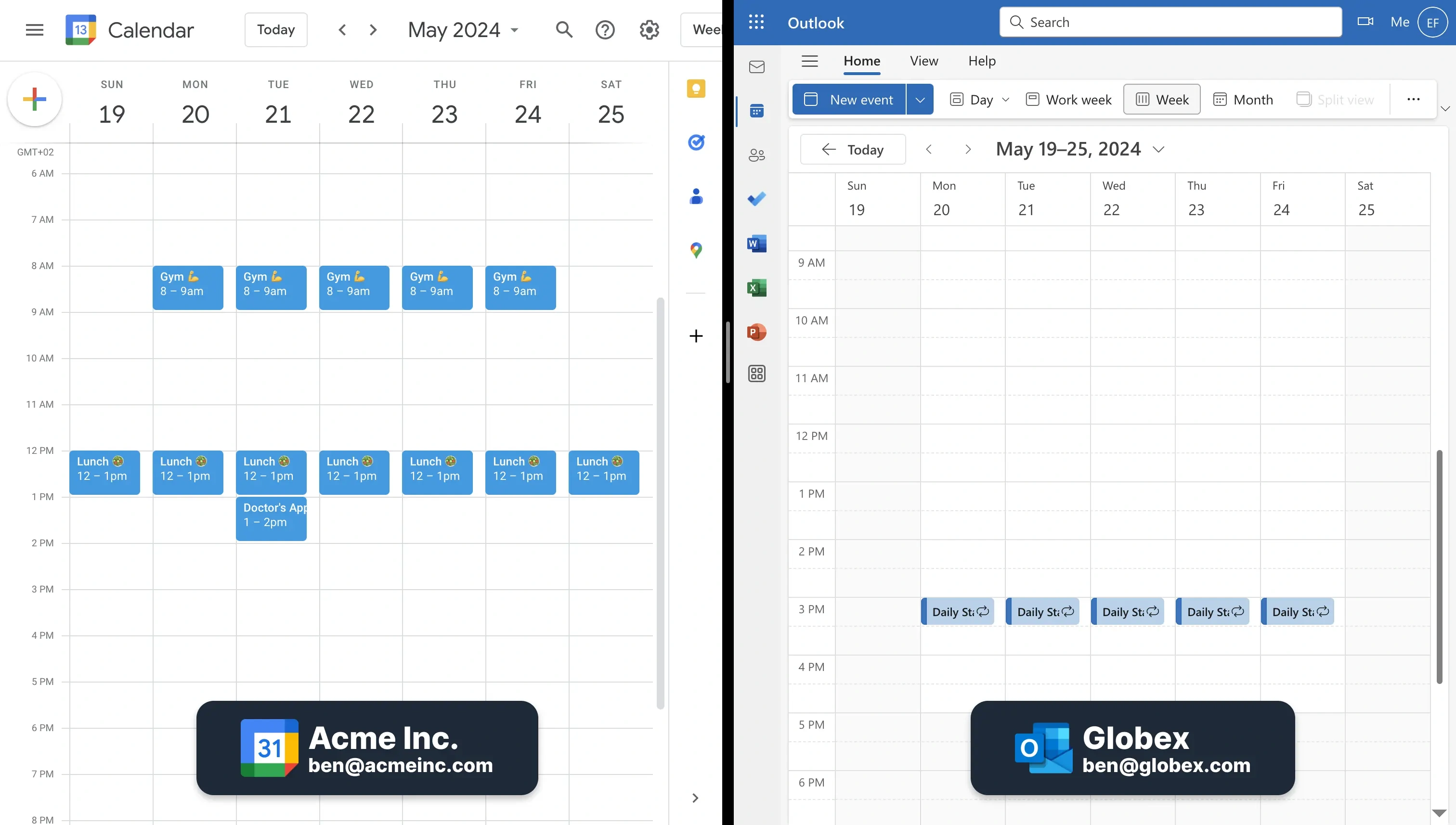 Managing Outlook and Google Calendar - Side by side