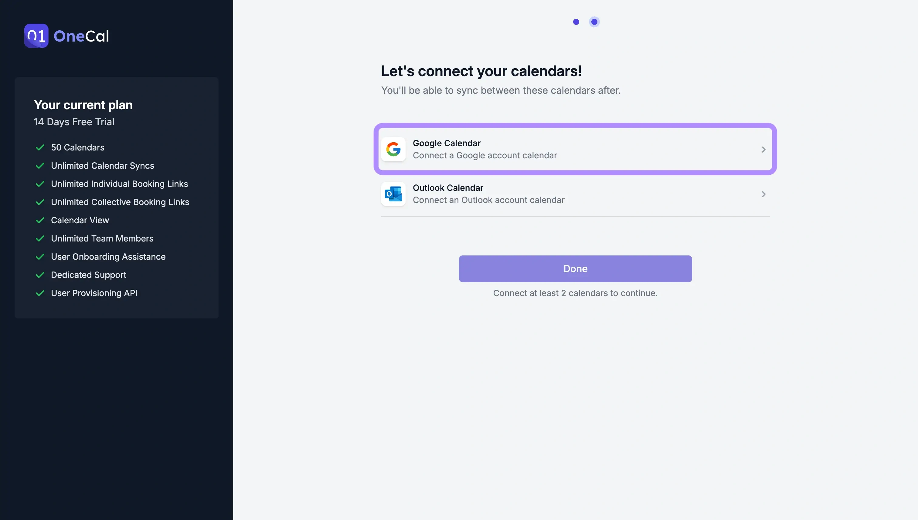 OneCal Connect Google Calendars UI