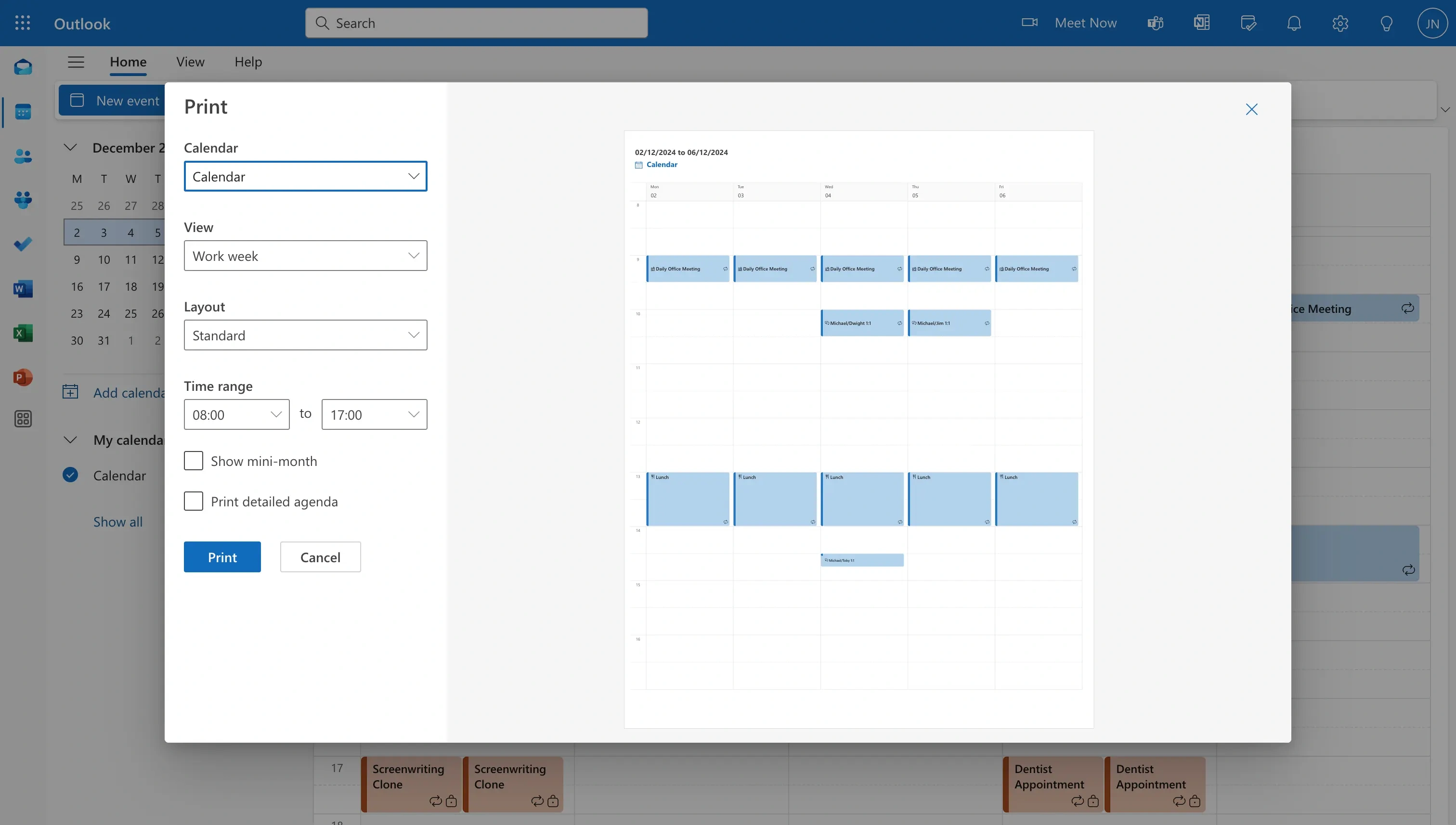 Outlook - calendar printing options