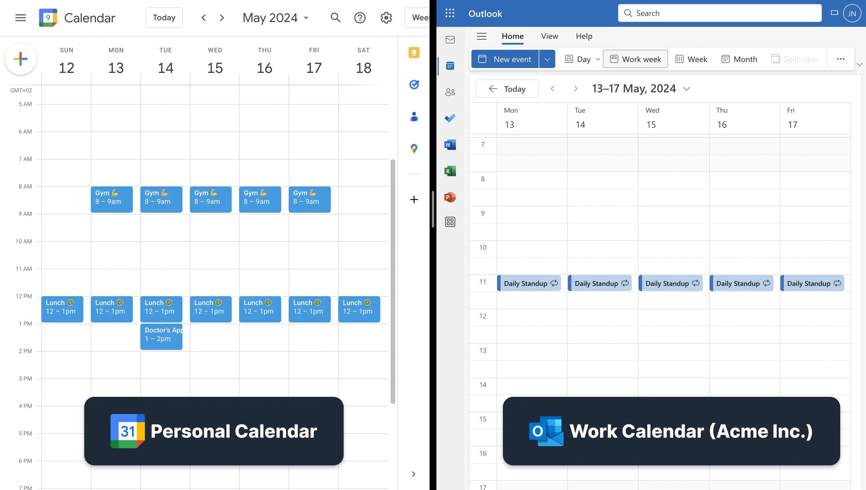 Google Calendar and Outlook Calendar - Side by side