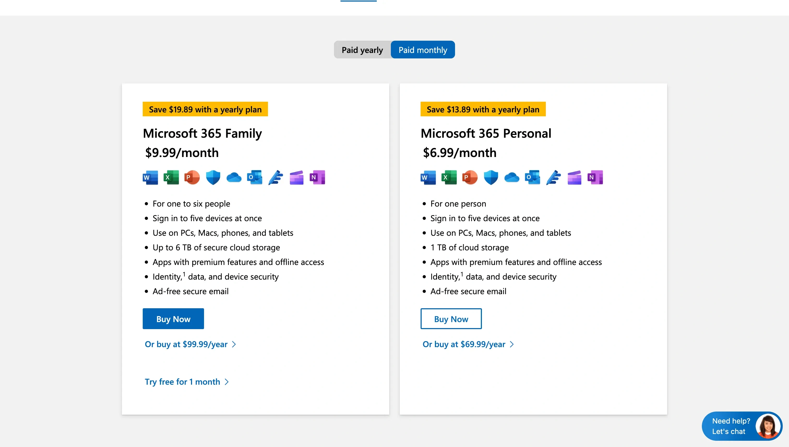 Outlook Pricing Page for family