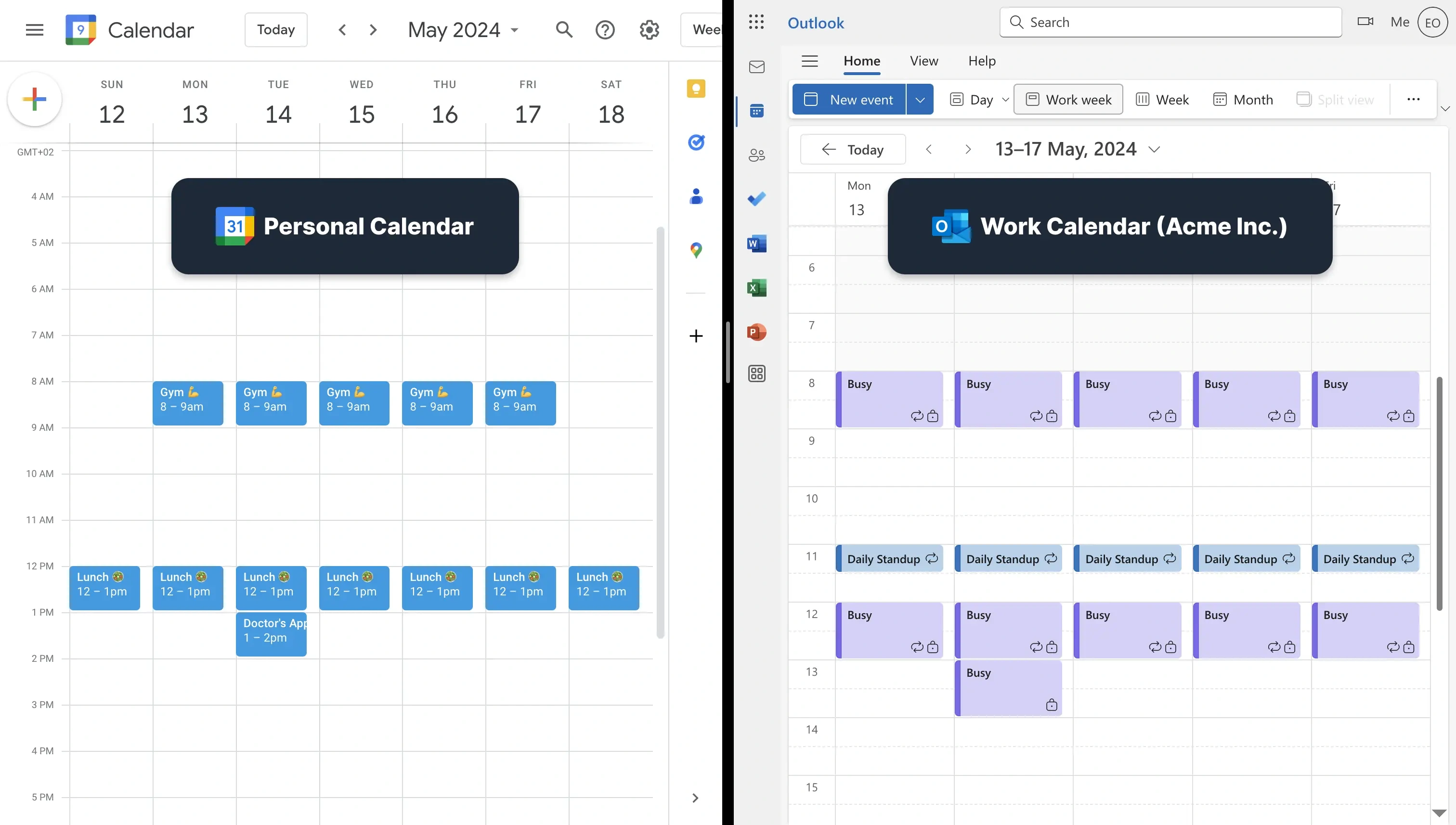 Example of synced Google Calendar to Outlook