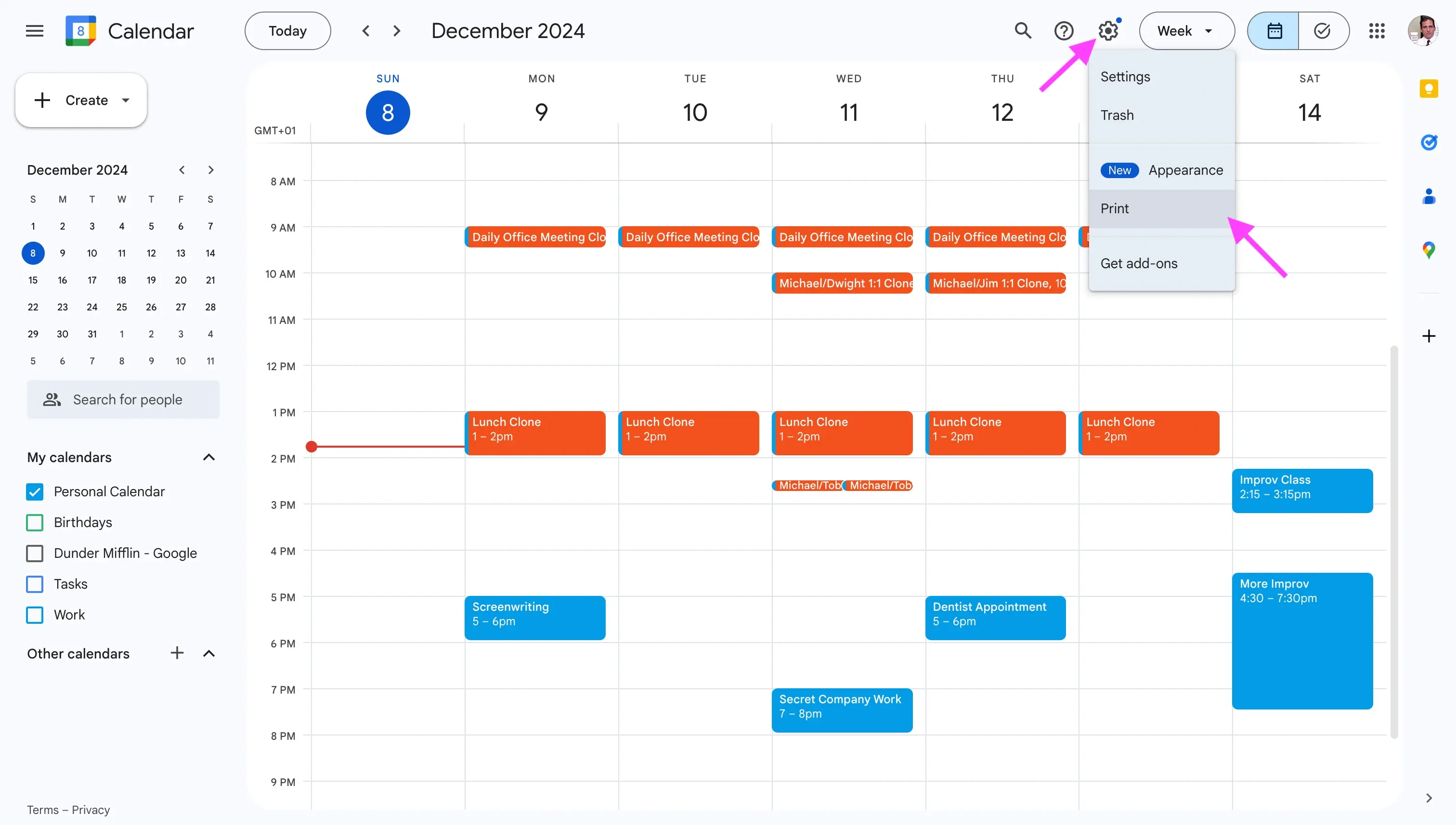 Google Calendar - Click the gear icon and print