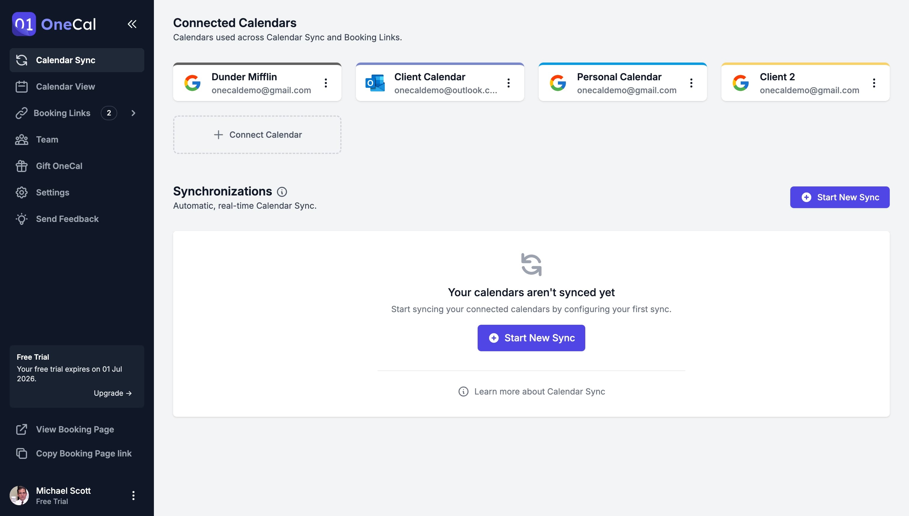 OneCal Dashboard - Connect Calendars