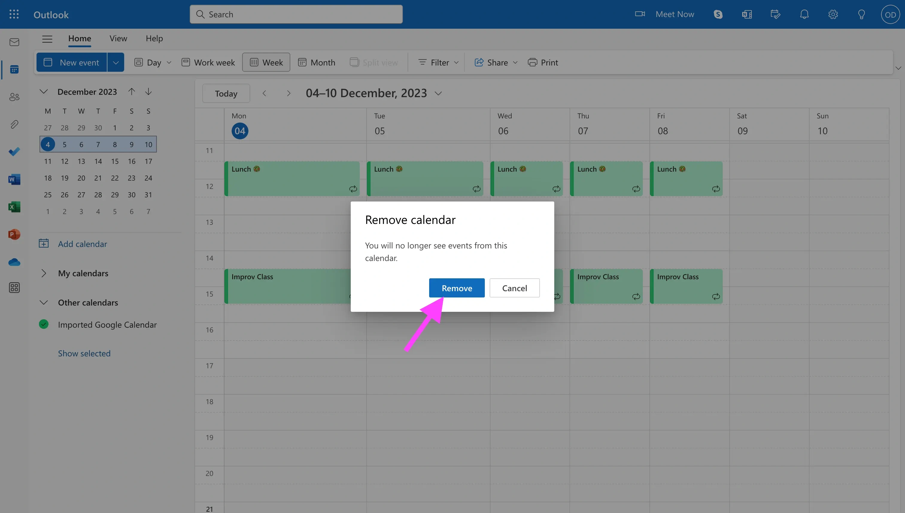 Outlook Calendar - click remove