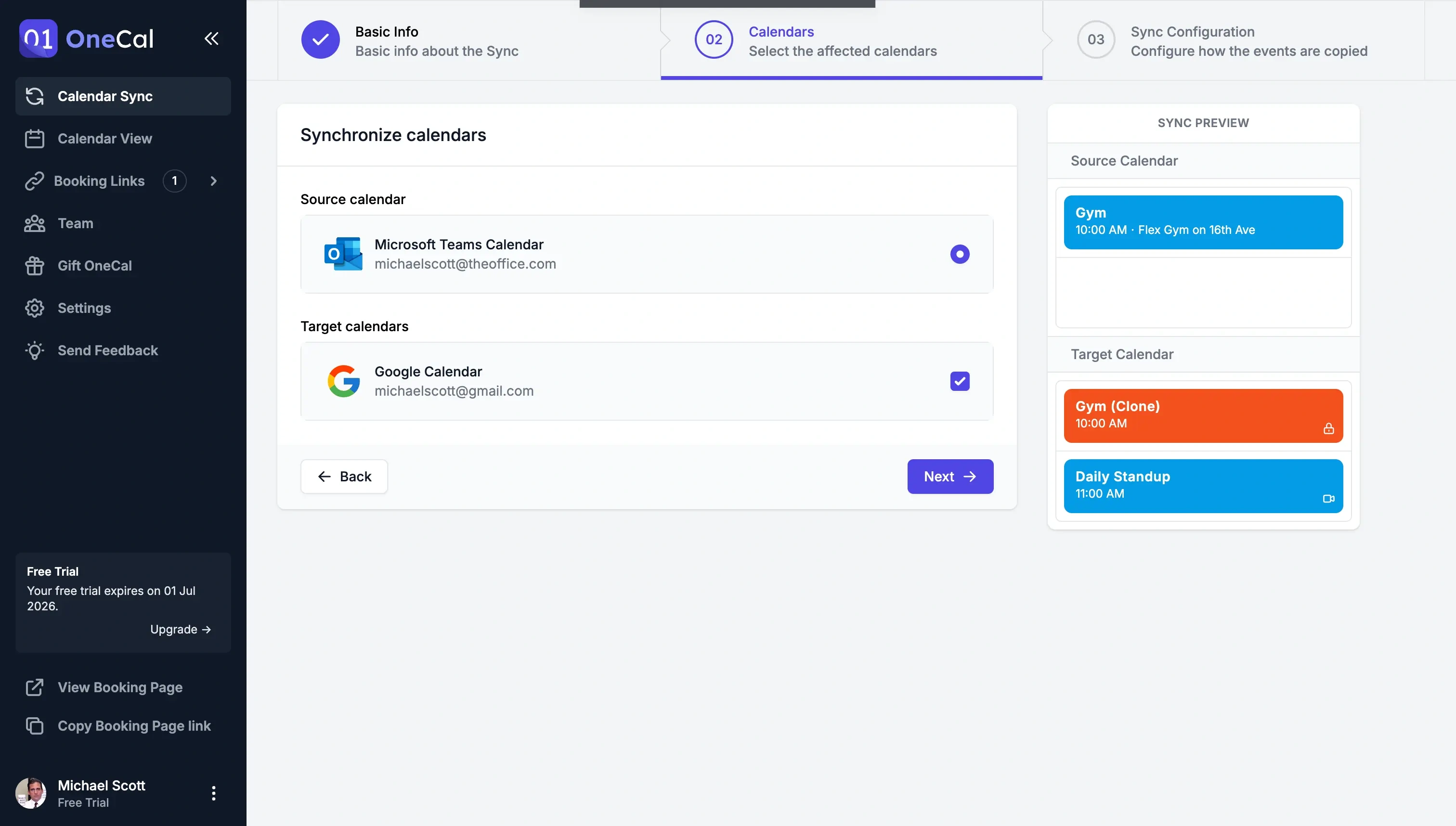 OneCal Dashboard - Select the Microsoft Teams and Google Calendar to sync