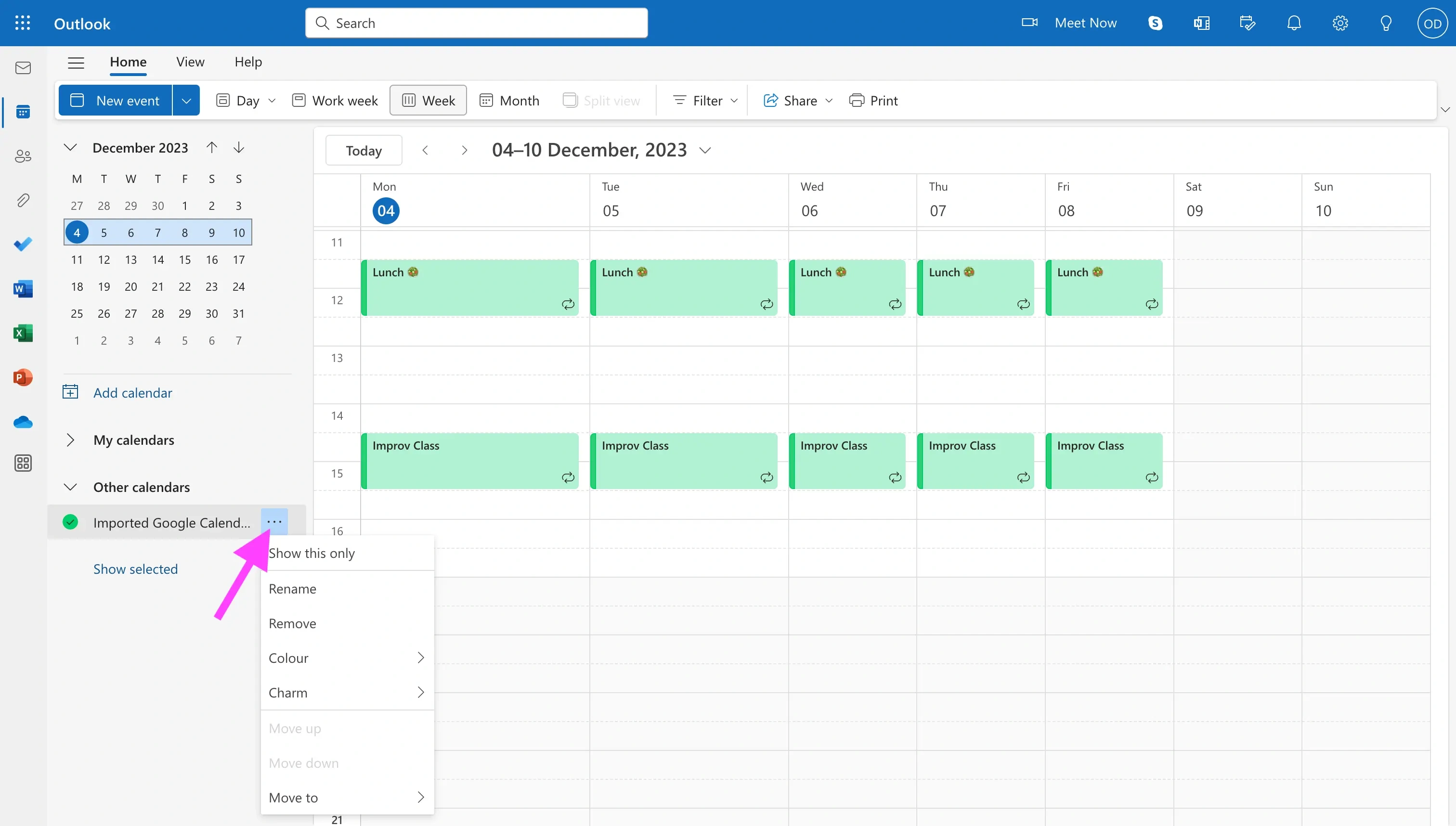 Outlook Calendar - Hover over the Calendar and click the three dots