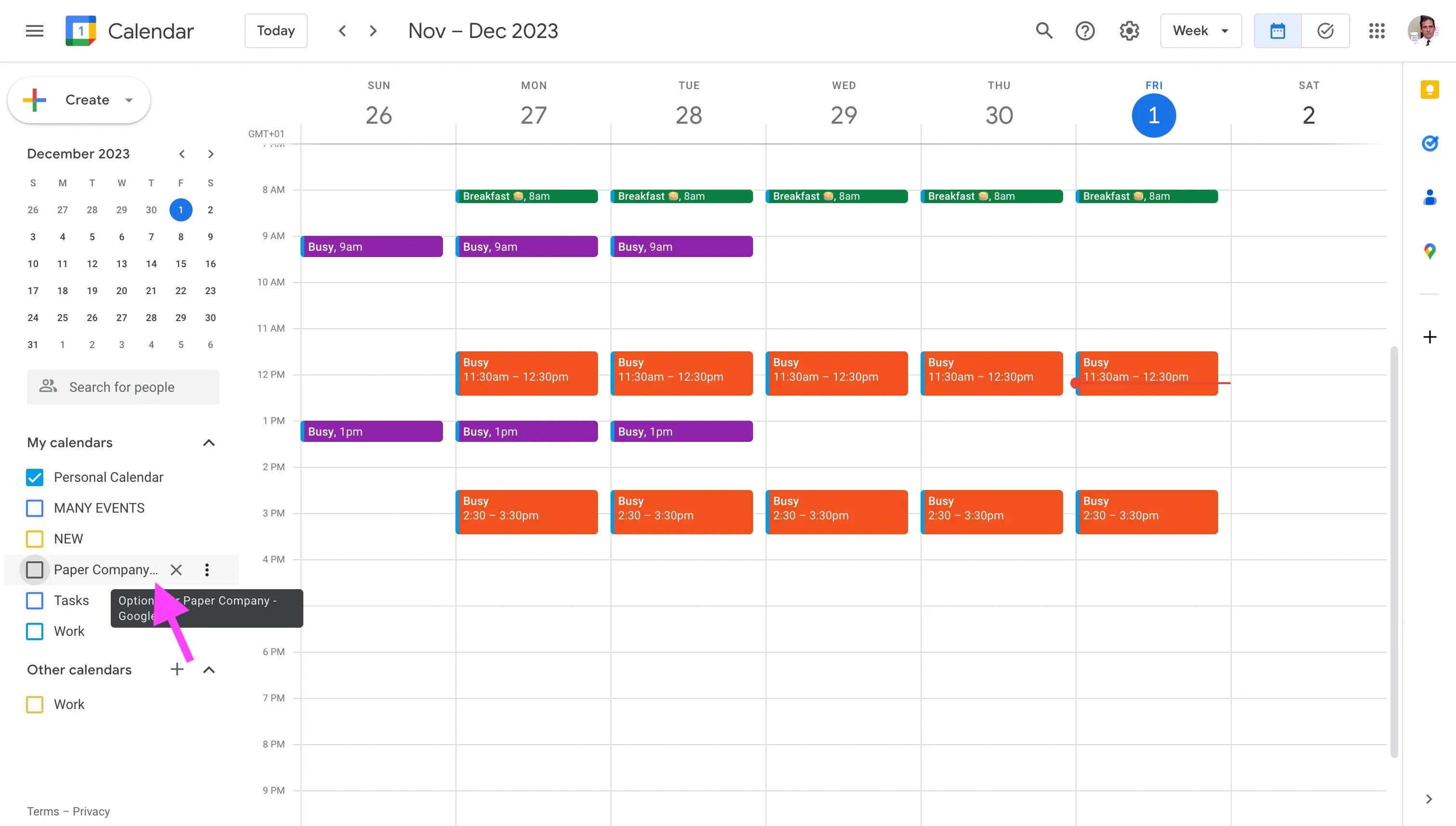 Google Calendar - Hover over the Calendar