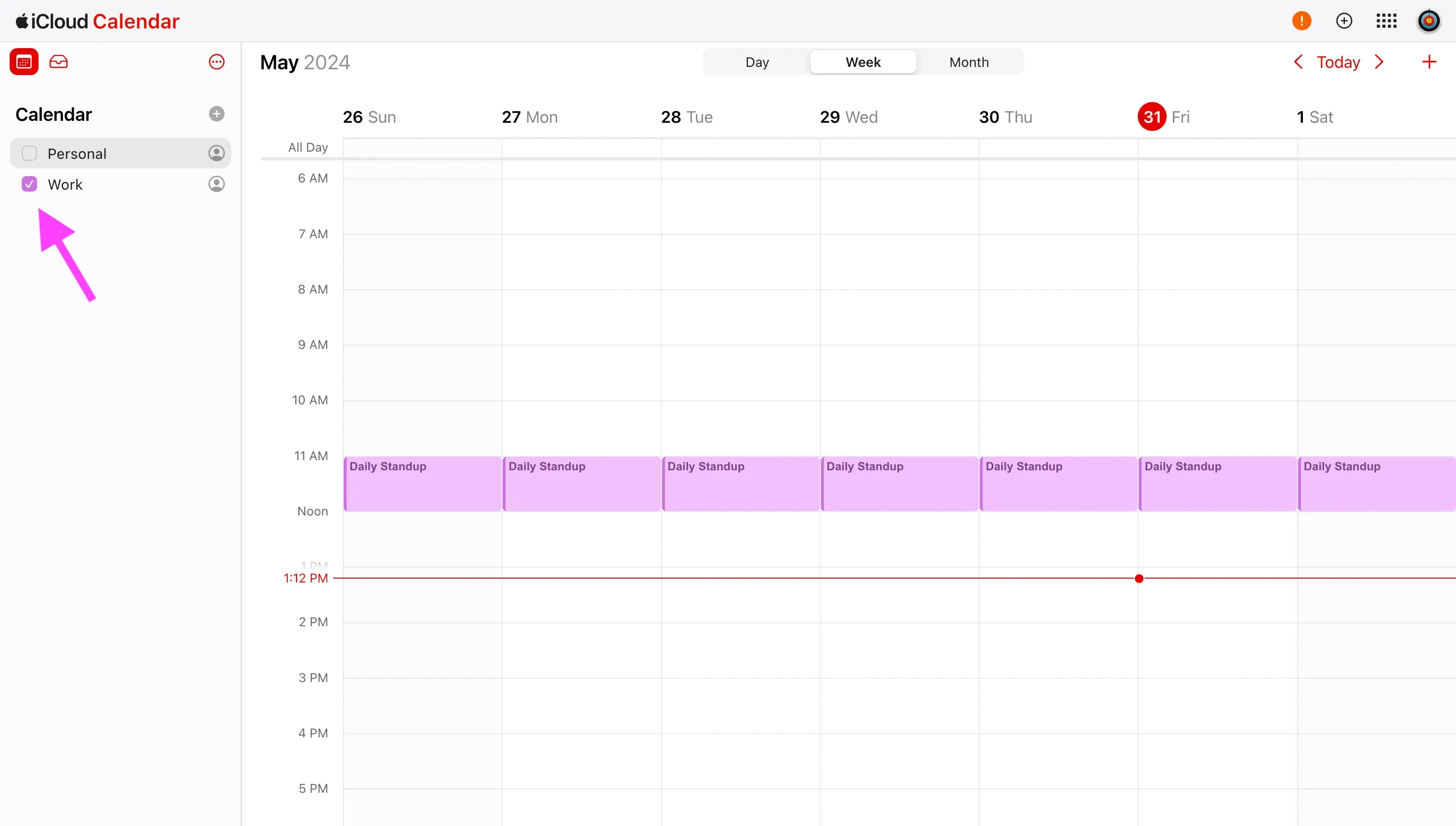 Apple Calendar web - Select the calendar to block time to