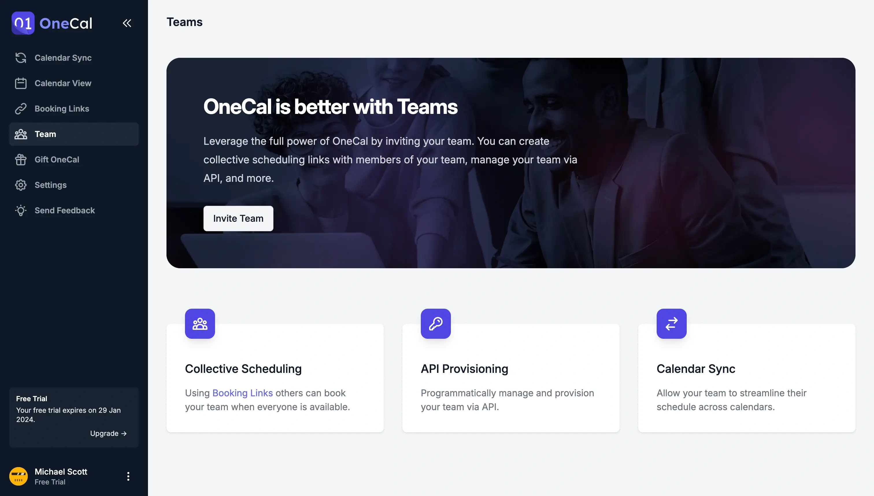 The OneCal Manage Teams UI