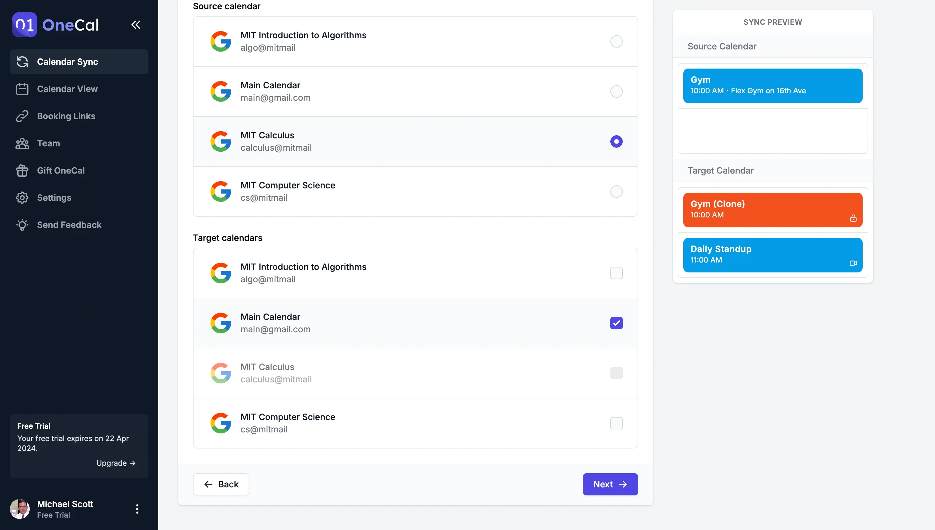 OneCal Dashboard - Select Source and Target Calendars