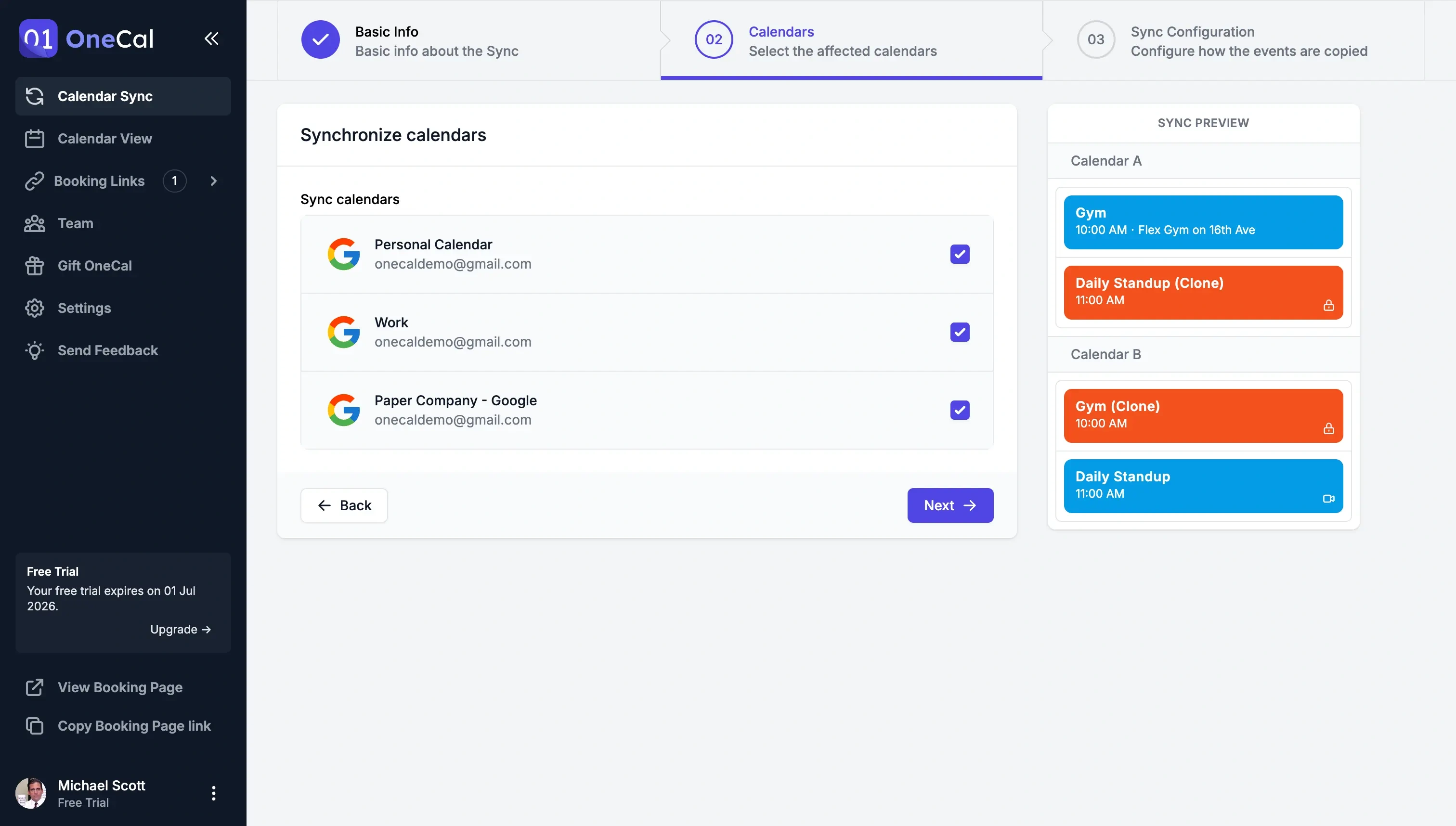 OneCal interface - choose which calendar to sync