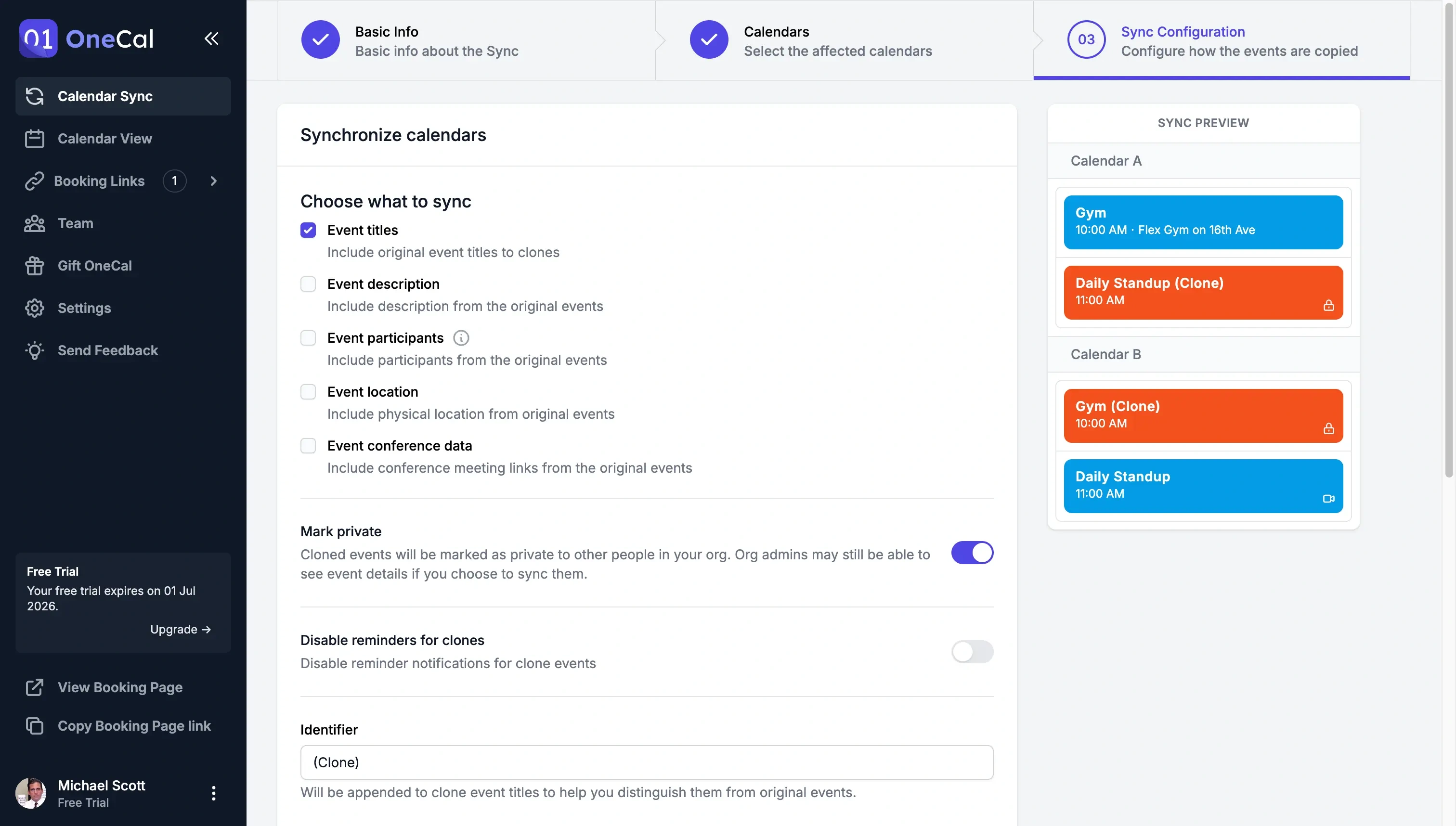 OneCal Calendar Sync - Configure how events are synced