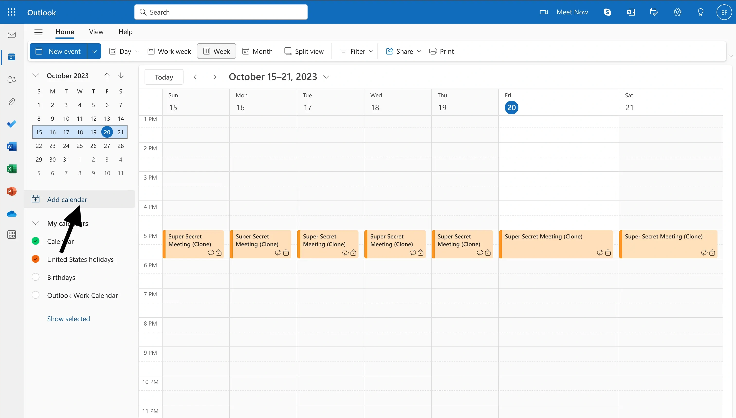 Outlook - Add Calendar section