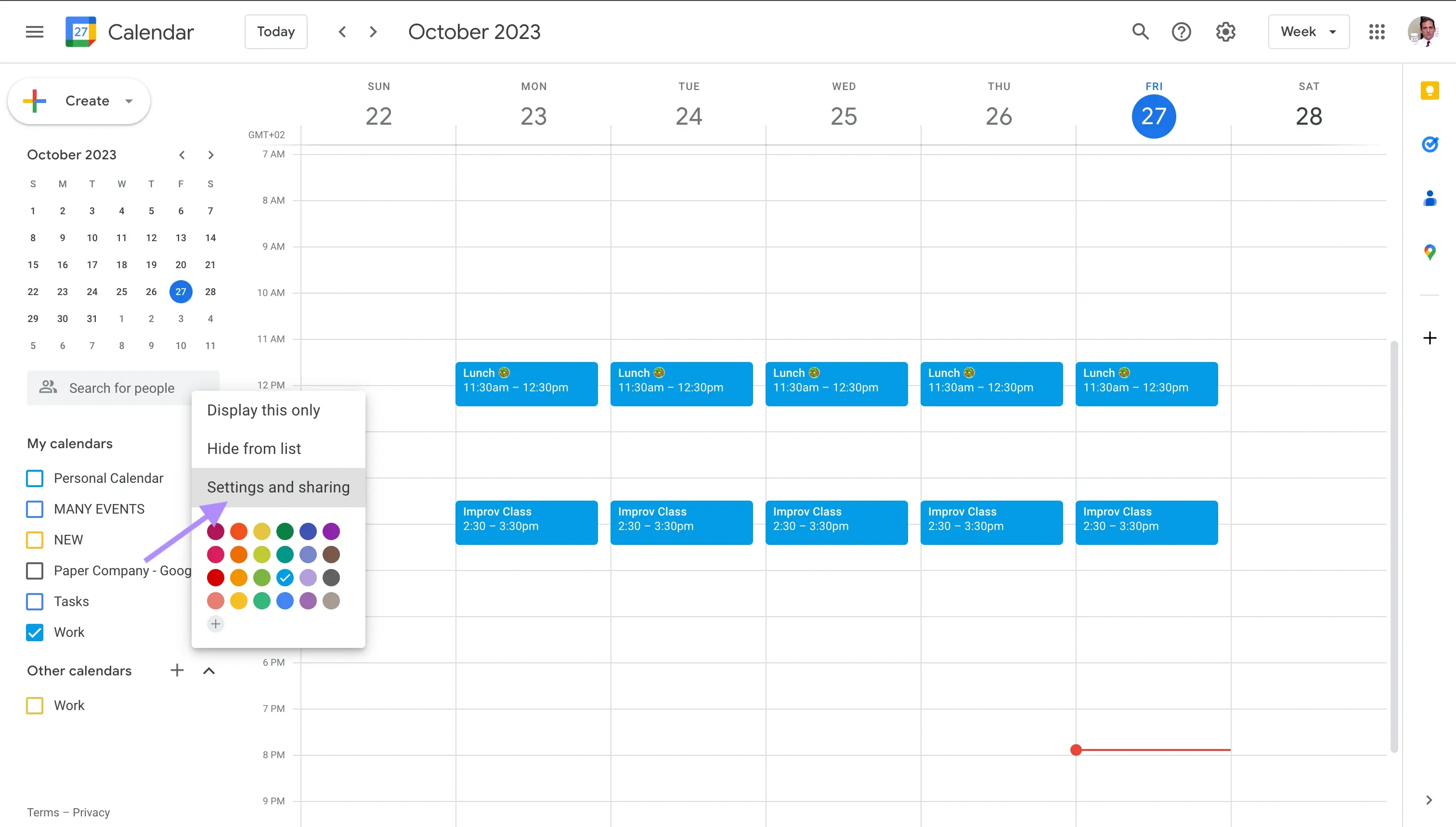 Google Calendar - click Settings and Sharing