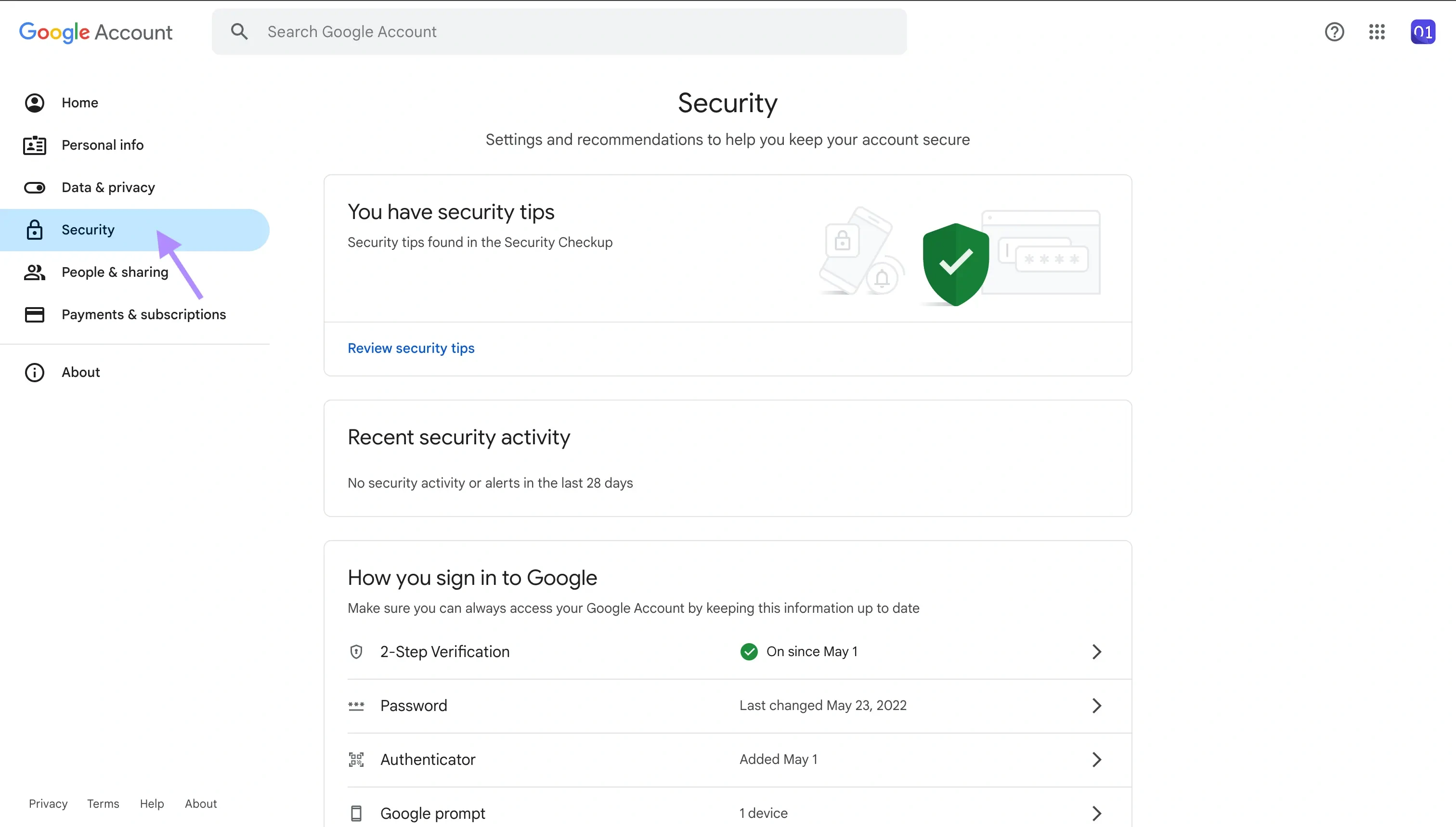 Google Account - Click the Security tab