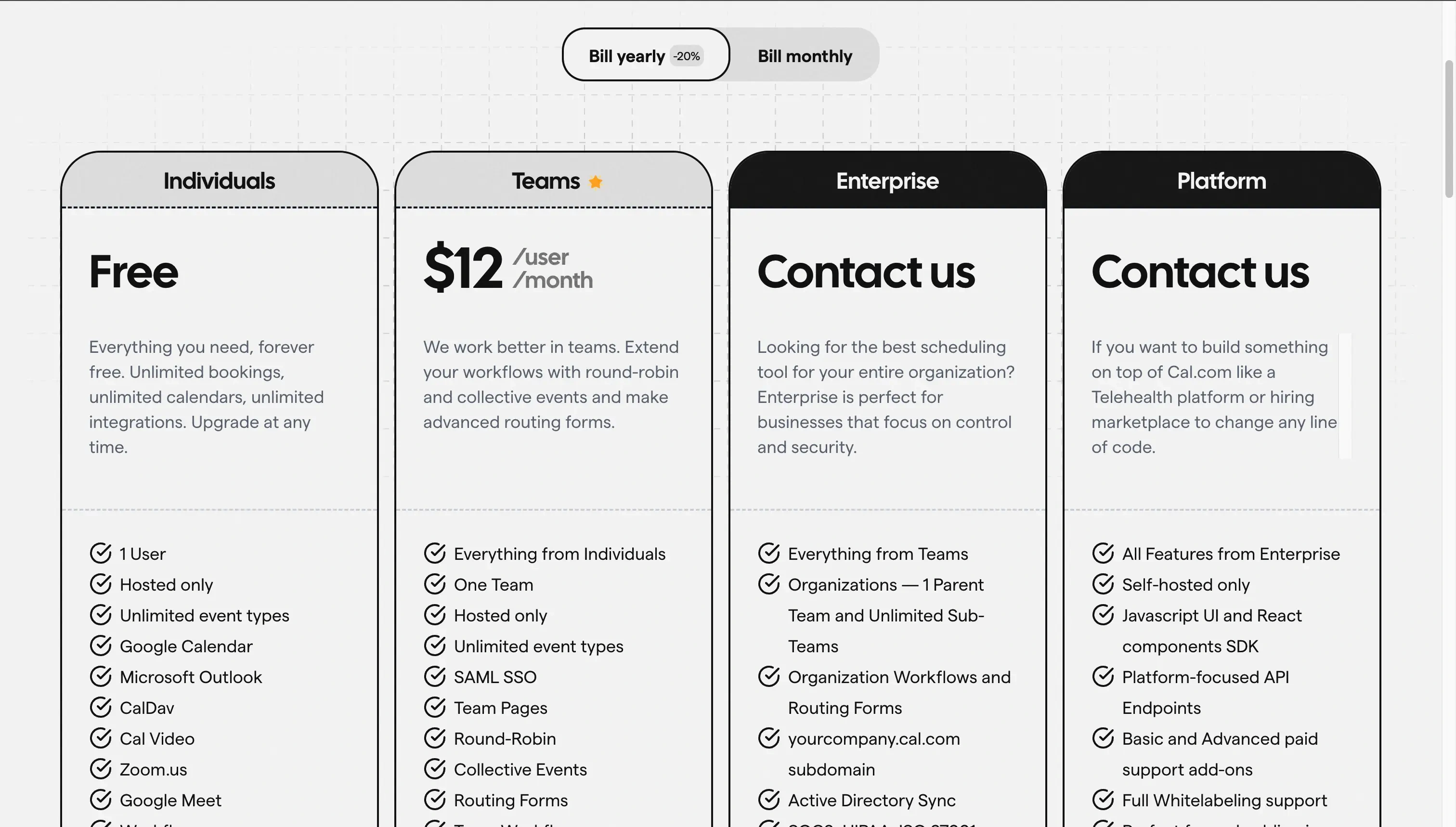 The Cal.com pricing page