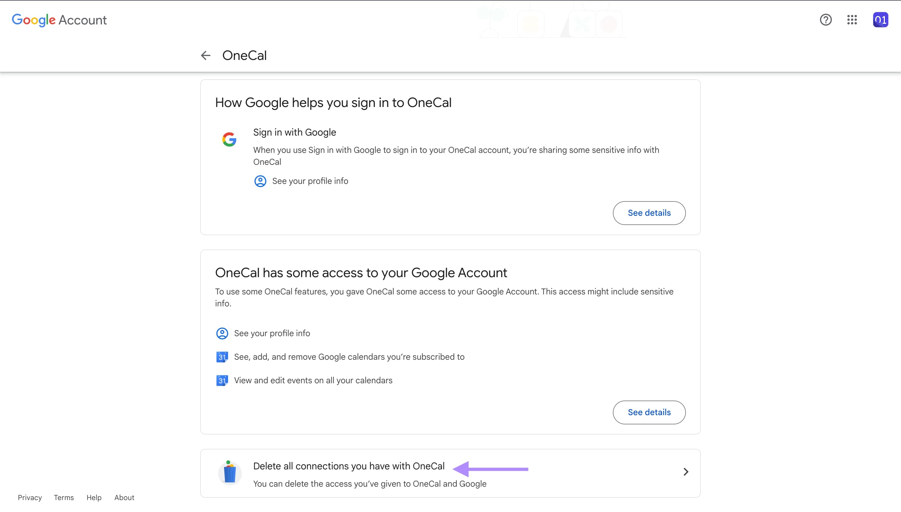 Google Account - Click Delete all connections you have with <AppName>