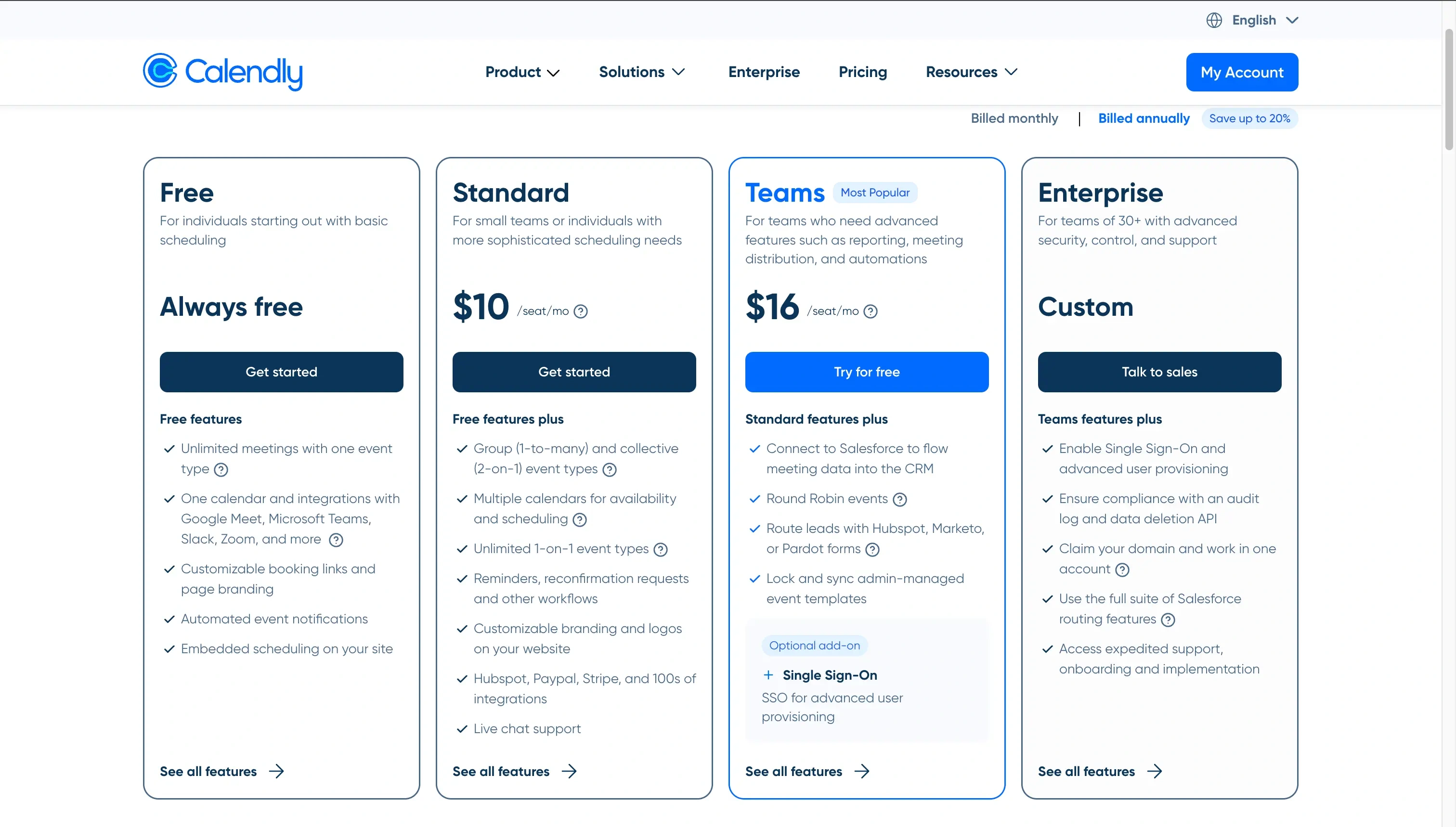 Screenshot of the Calendly pricing page