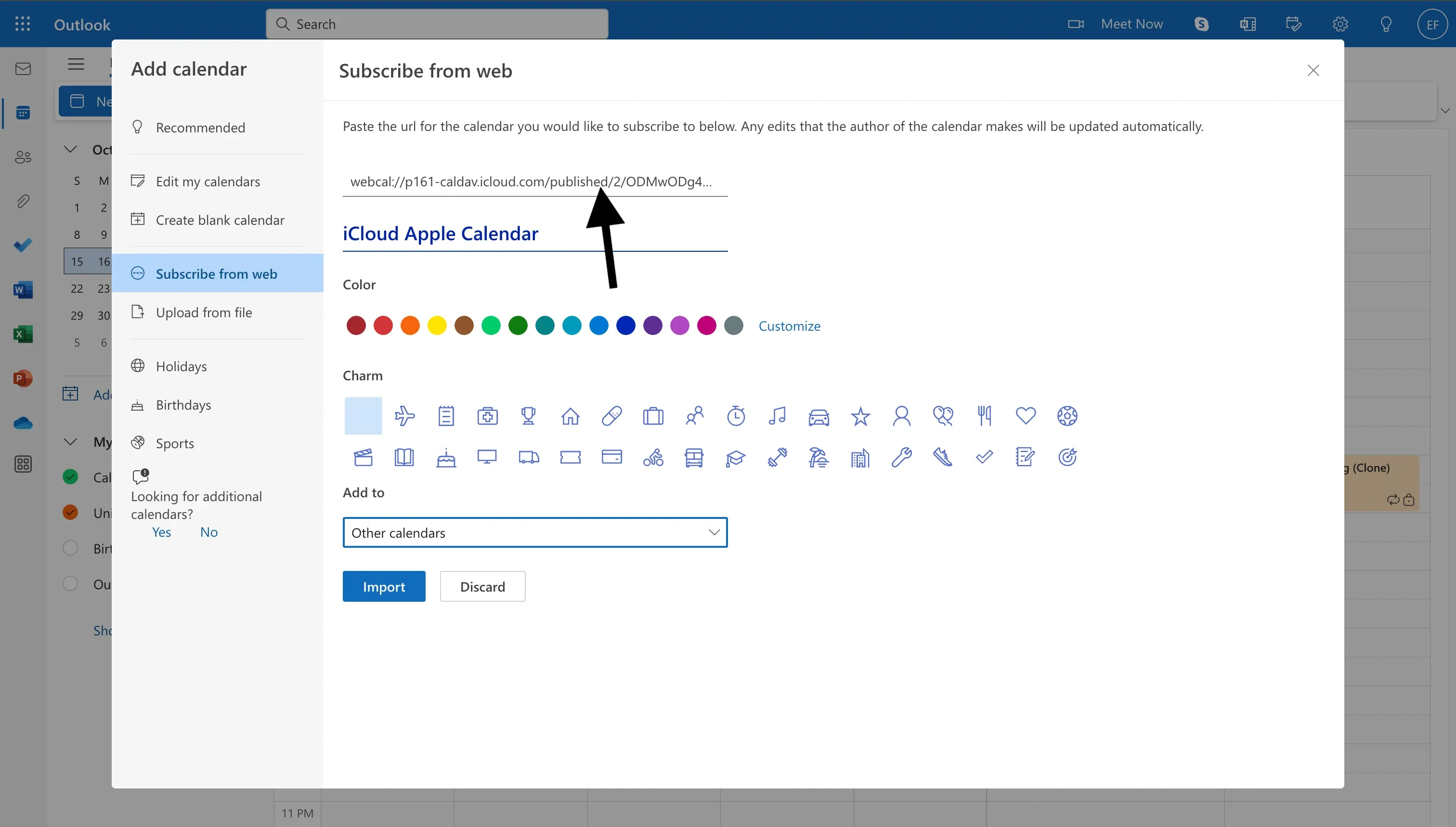 Outlook - Paste the URL we copied from Apple Calendar