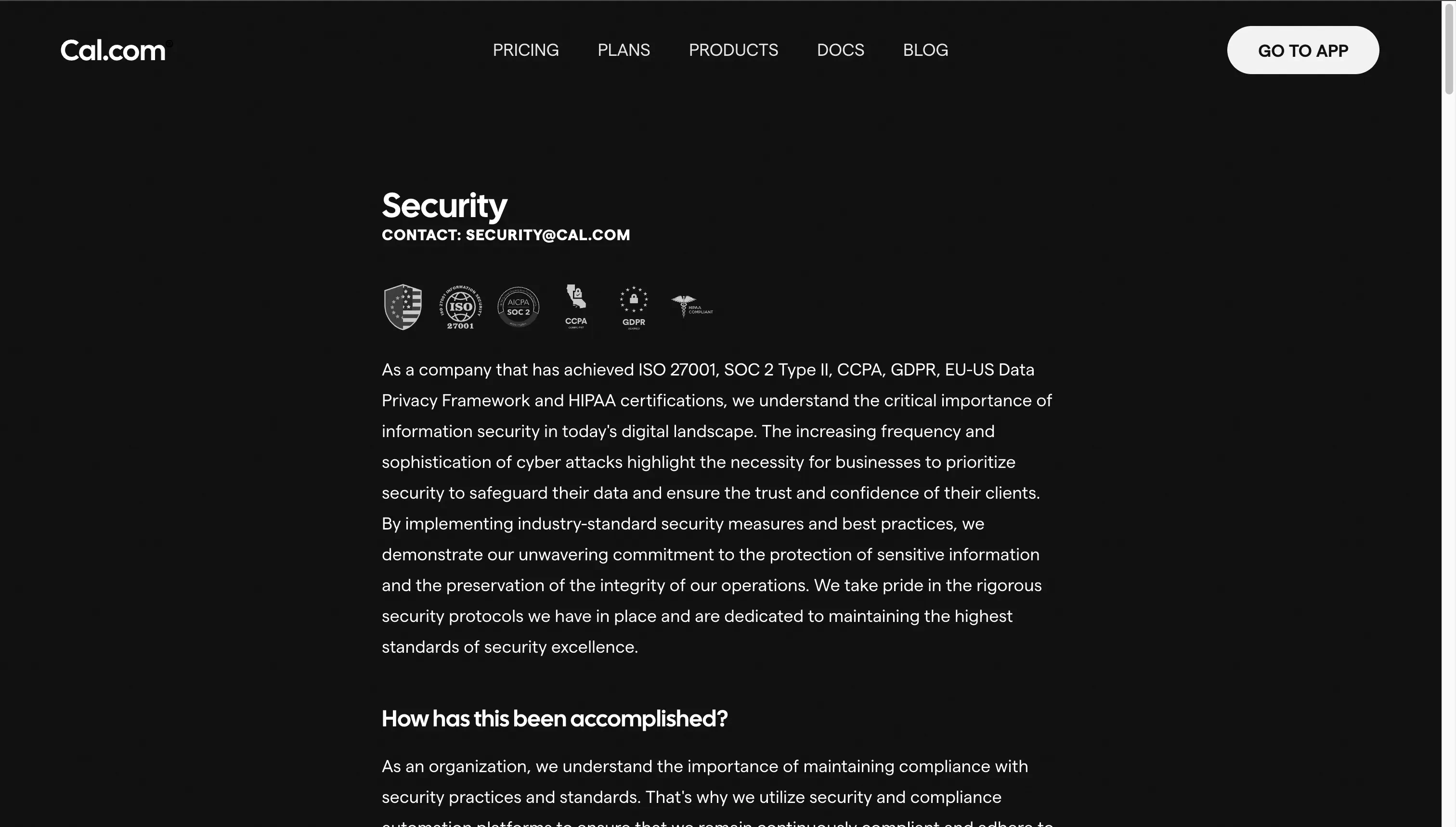 Screenshot from the Cal.com security page