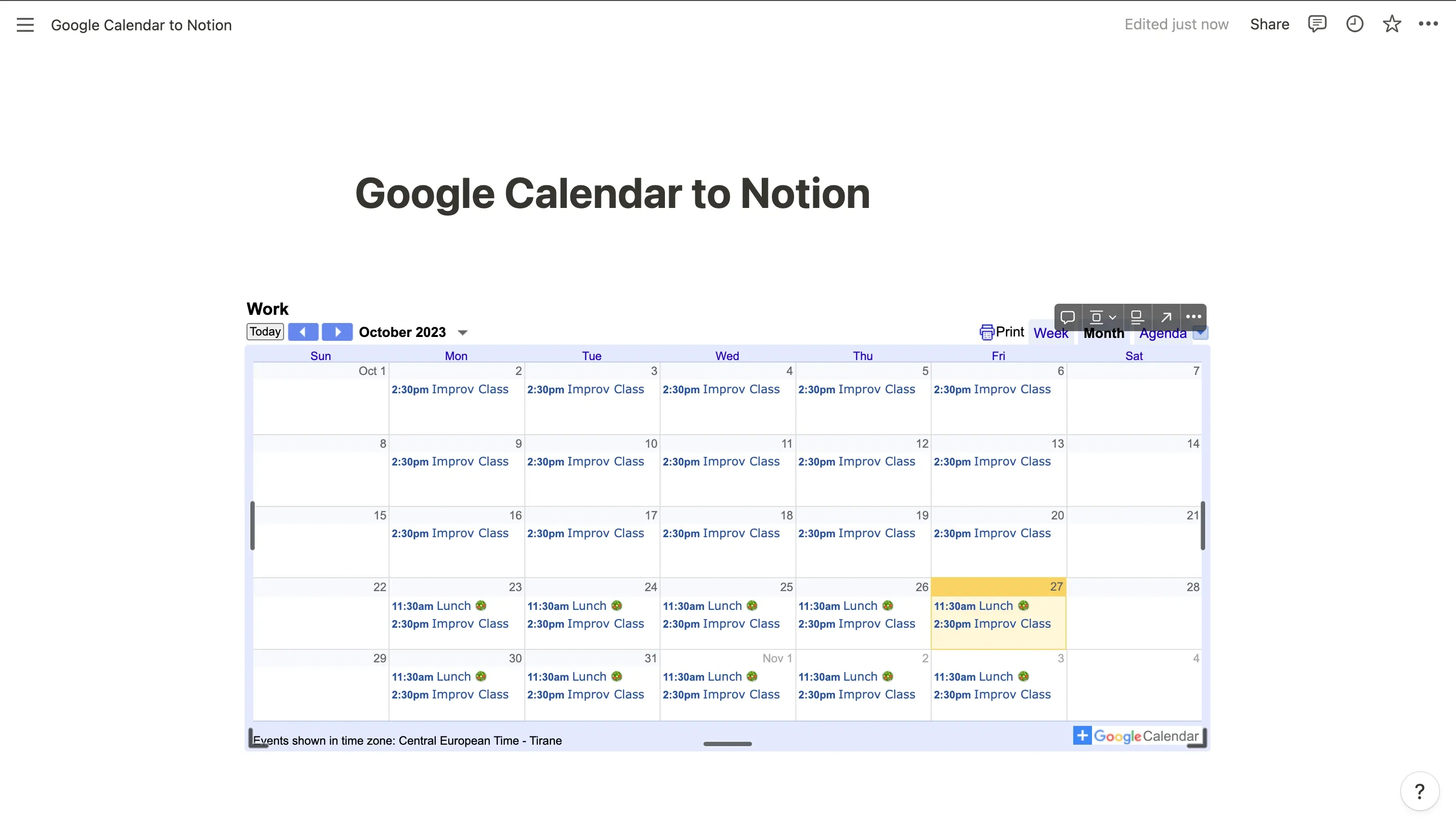 Example of an embeded Google Calendar into Notion