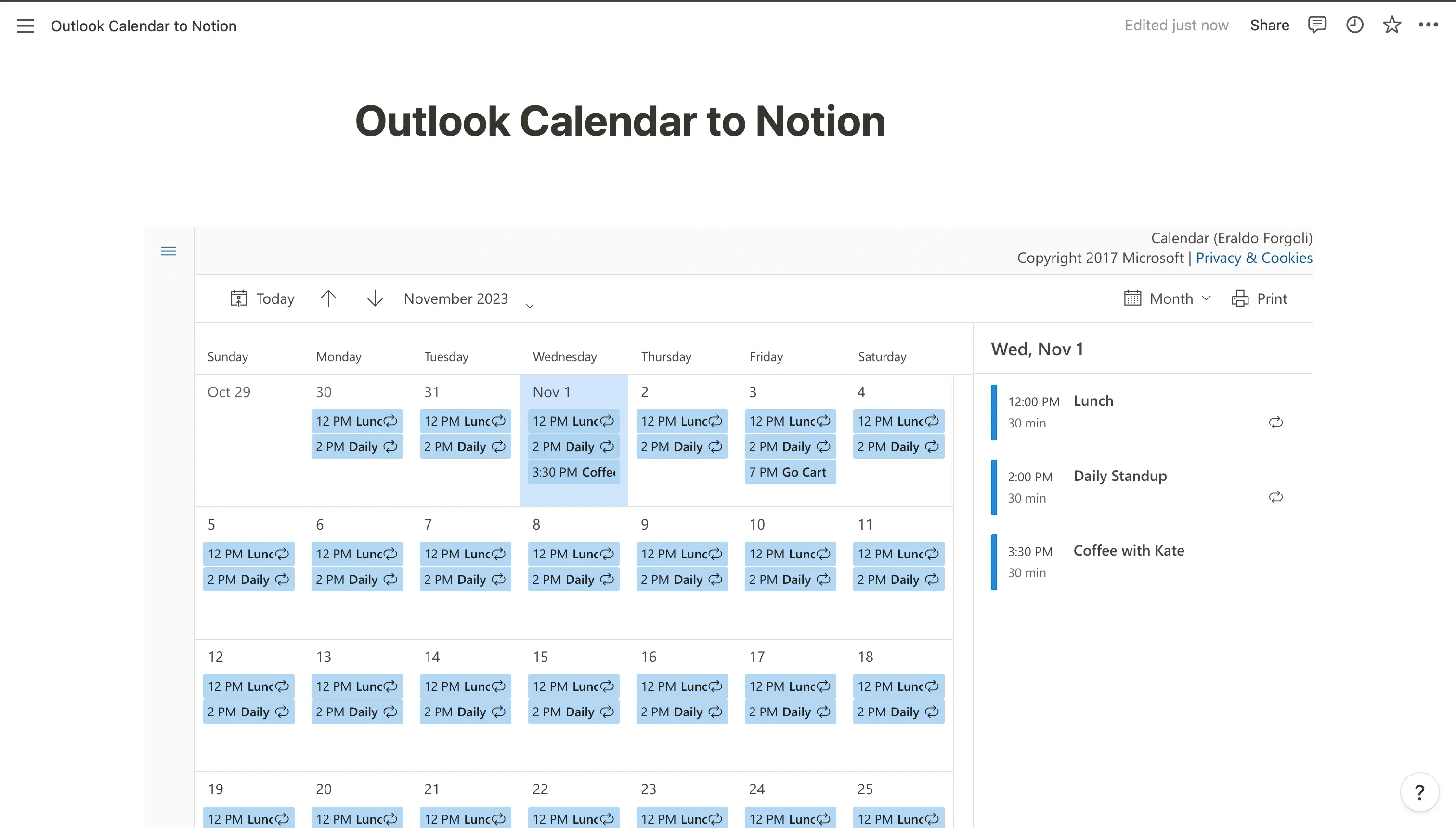 Illustration of an Outlook calendar embeded into Notion