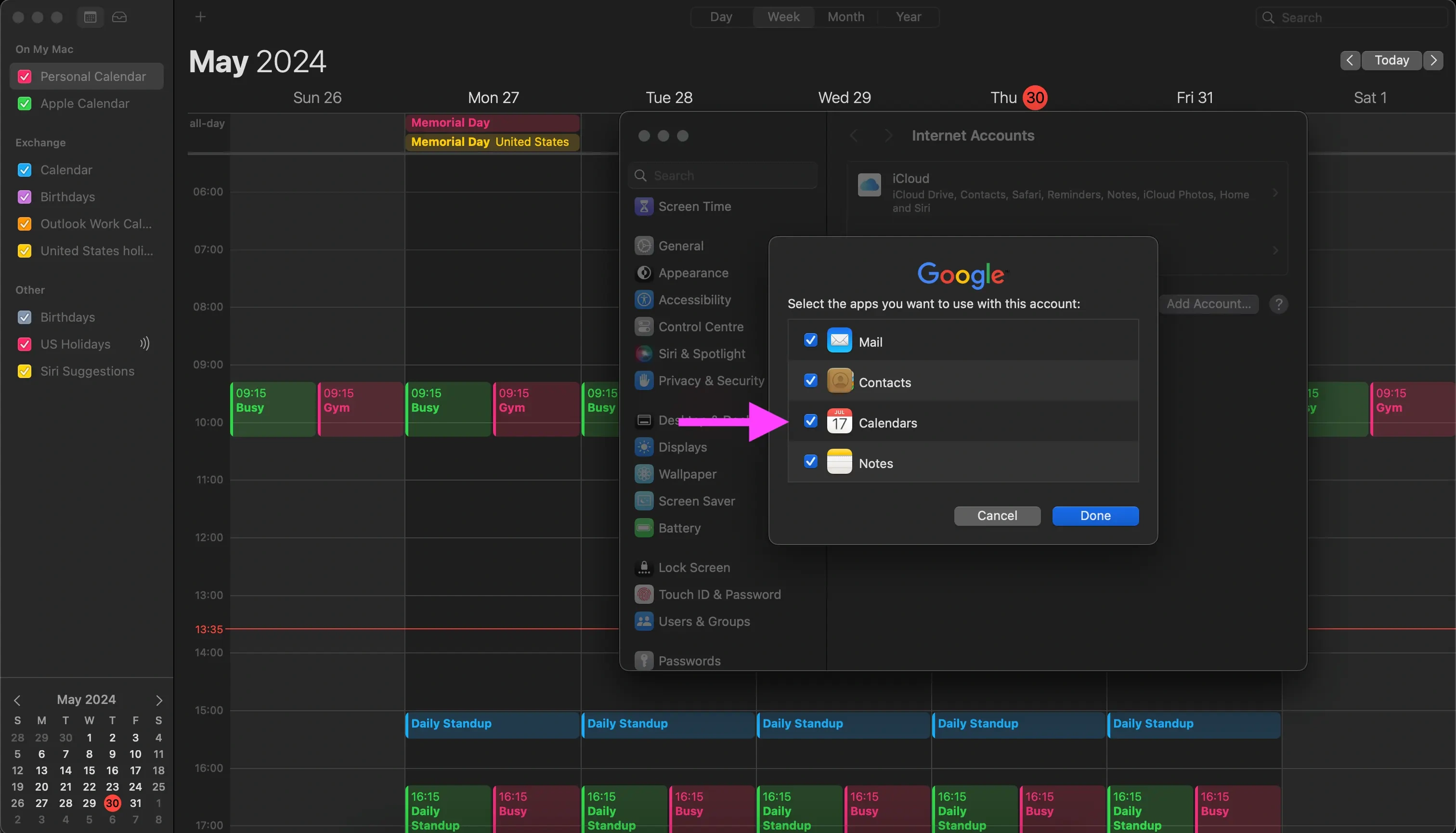 Apple Calendar - Select Google apps