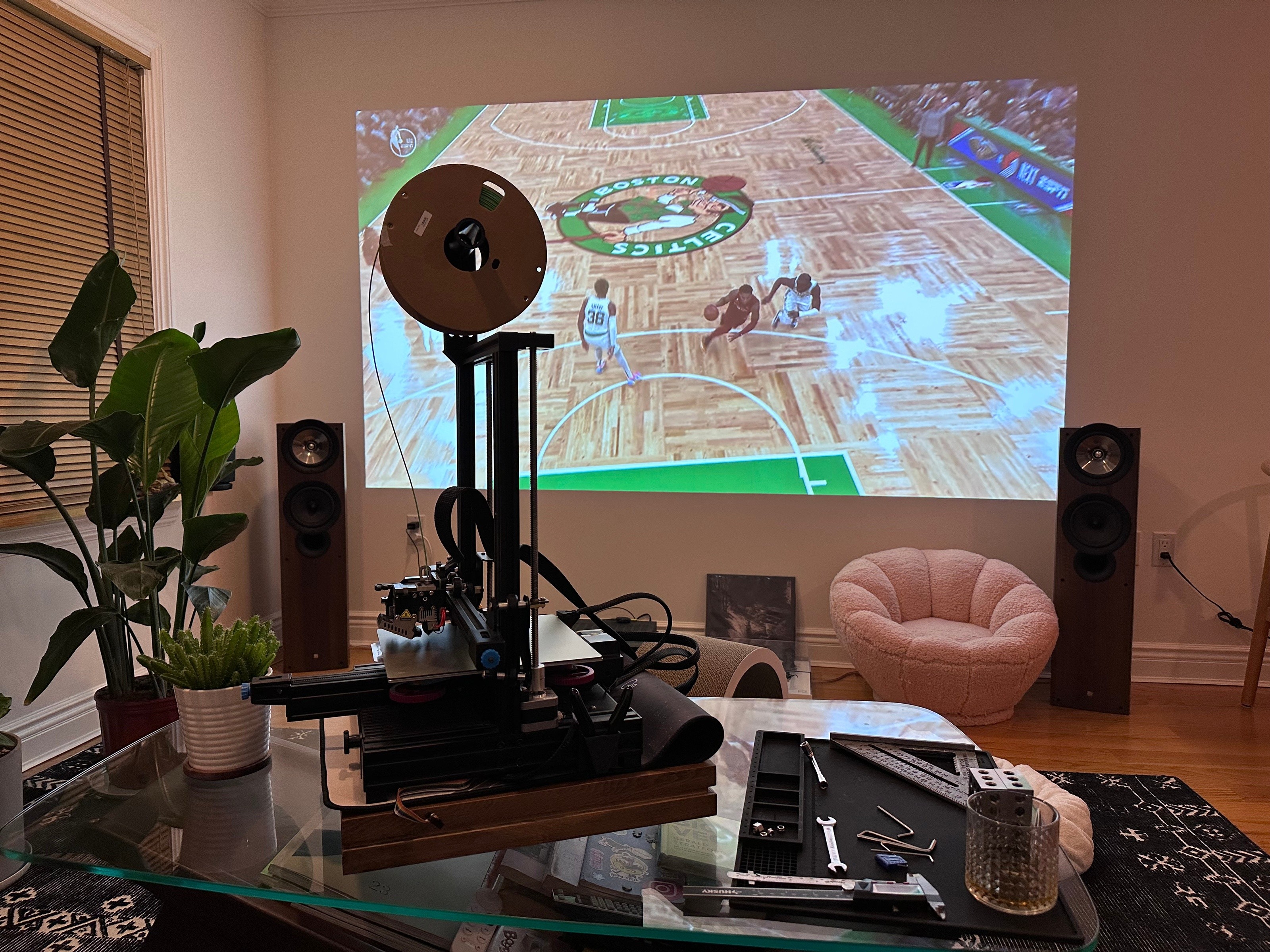 3D printing with the Celtics on the big screen and a glass of scotch