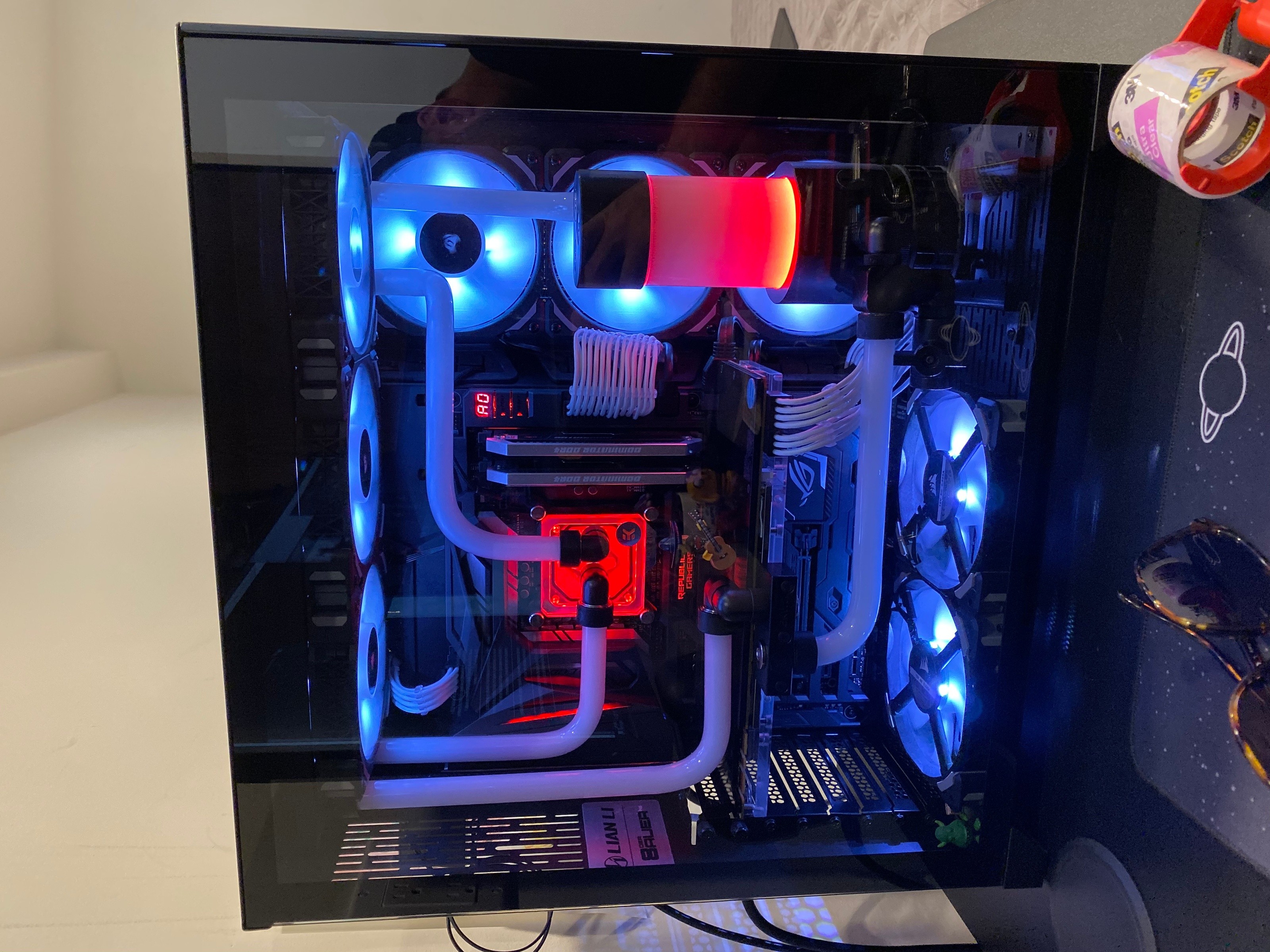 Lian Li O11D custom loop with white coolant, white lighting and red accent lighting