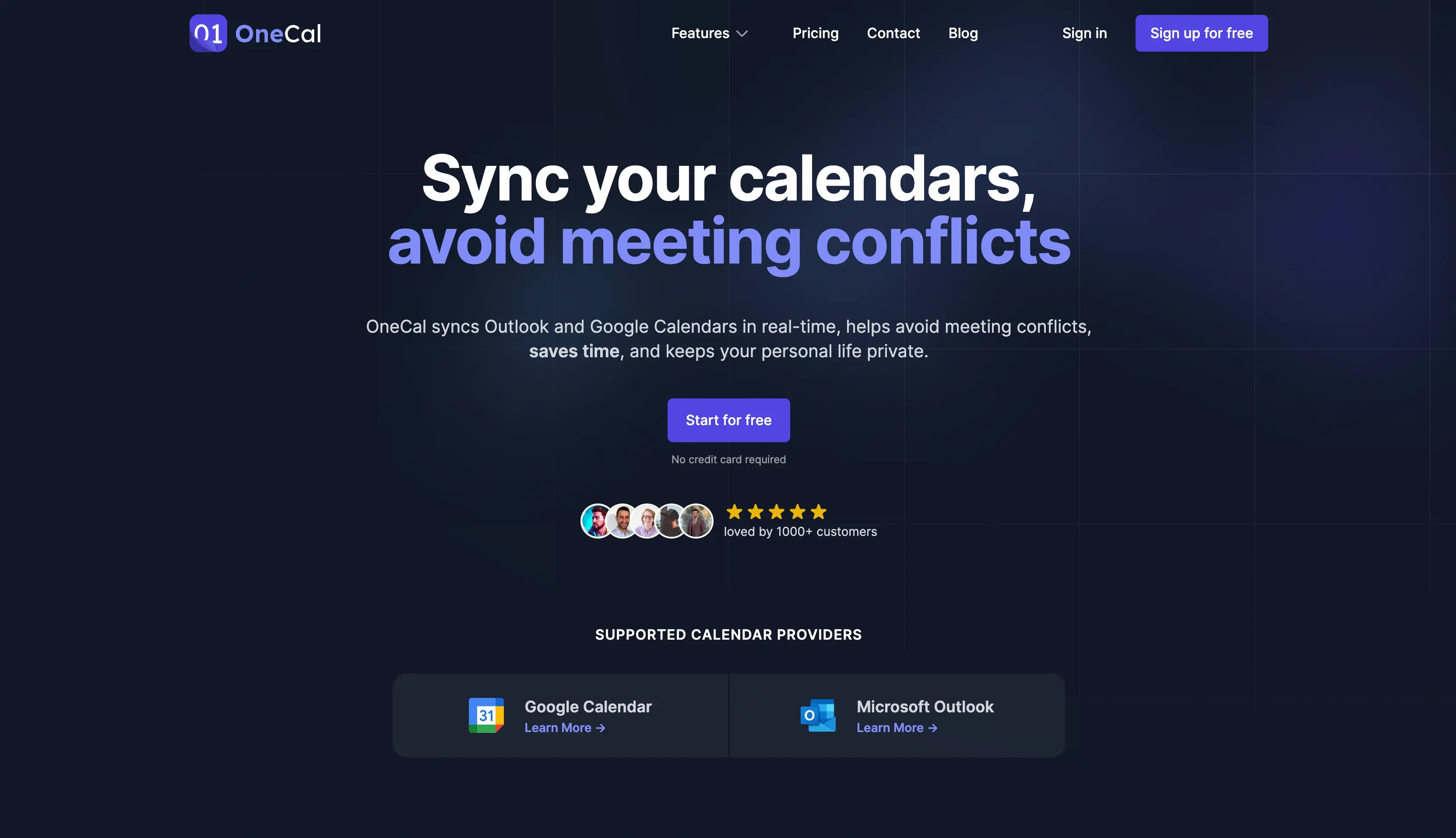 Screenshot of OneCal Landing Page