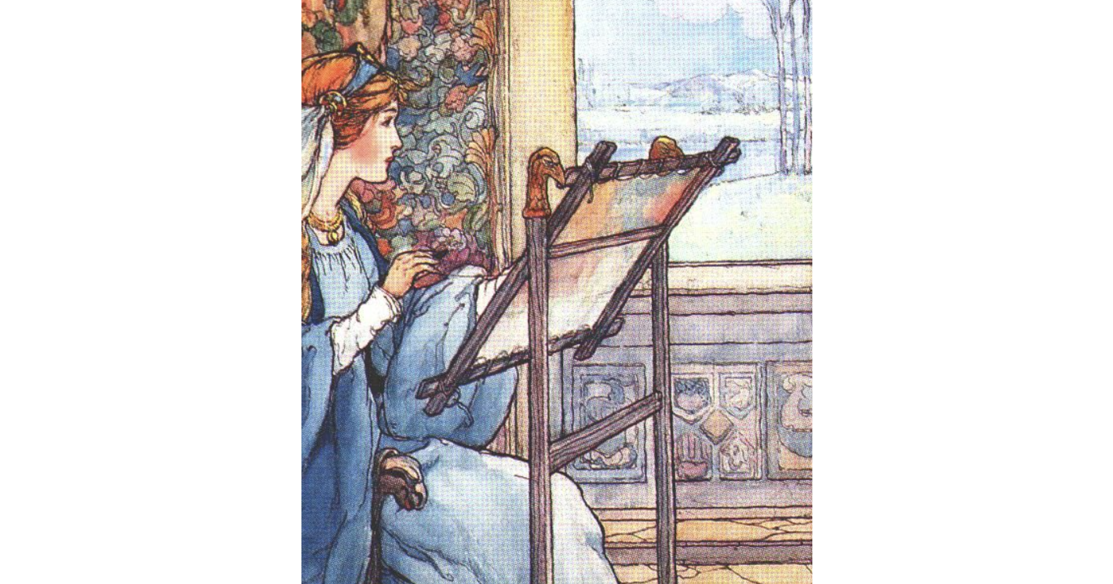 A woman painting looks out the window at a snowy landscape