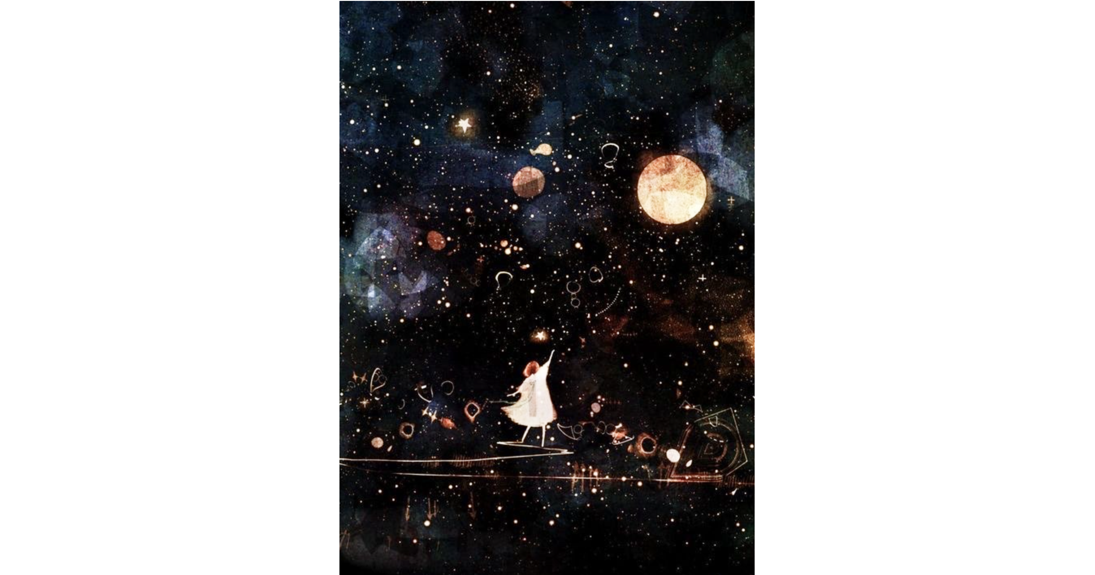 Girl in outer space surrounded by stars, reaching towards them