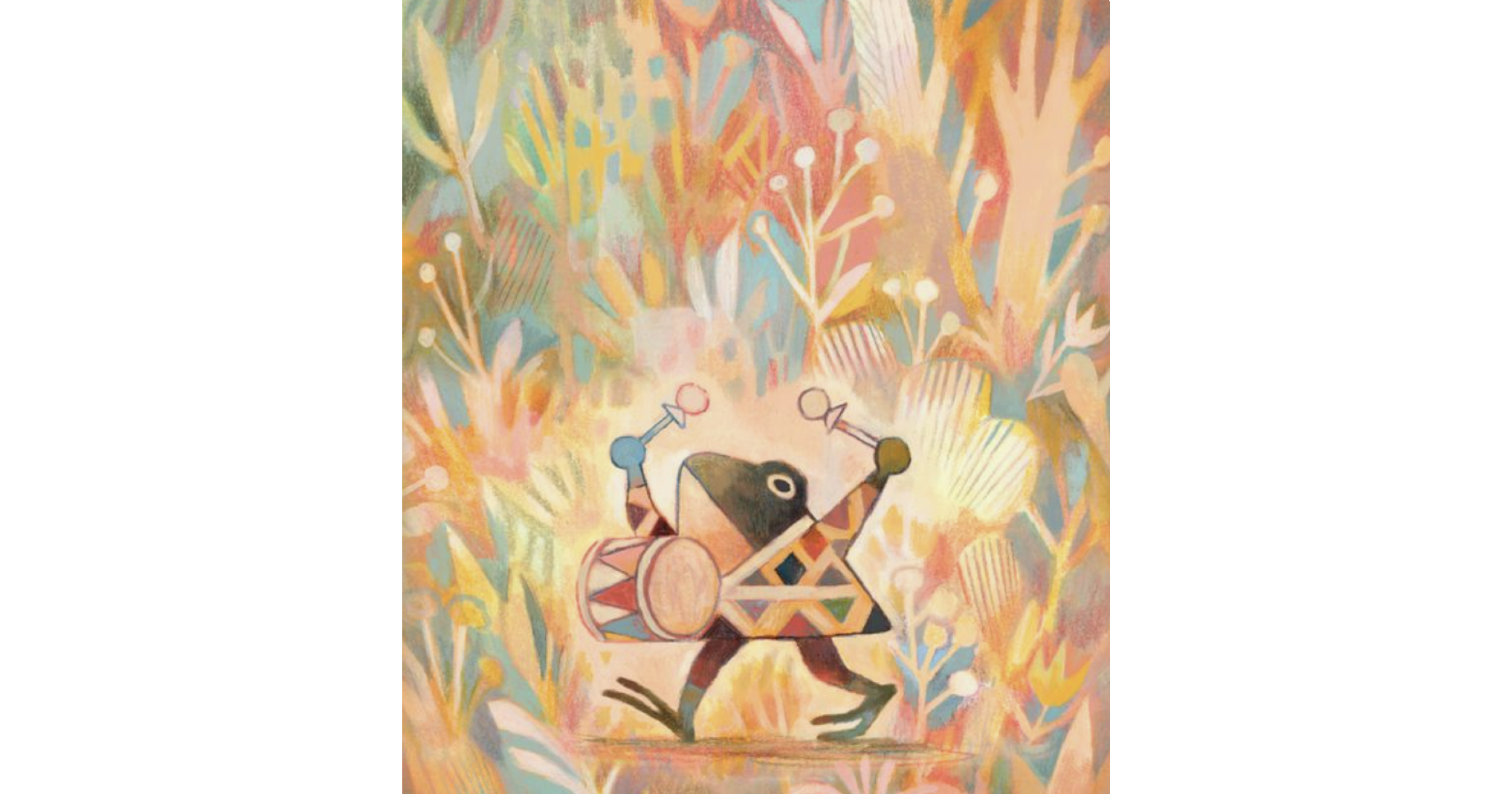 A frog excitedly beats a drum set while walking through the forest