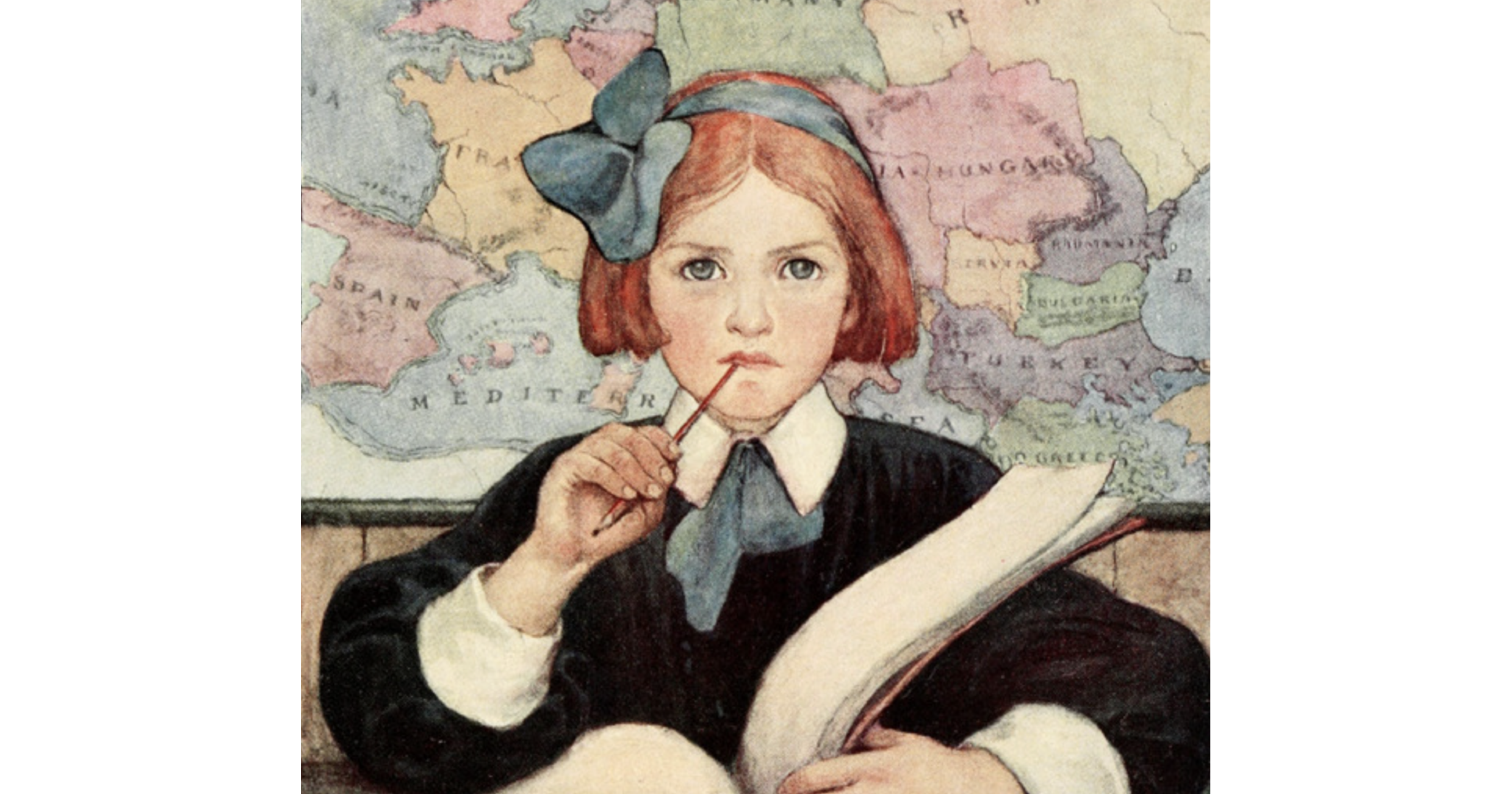 Girl reading a book, with a world map behind her