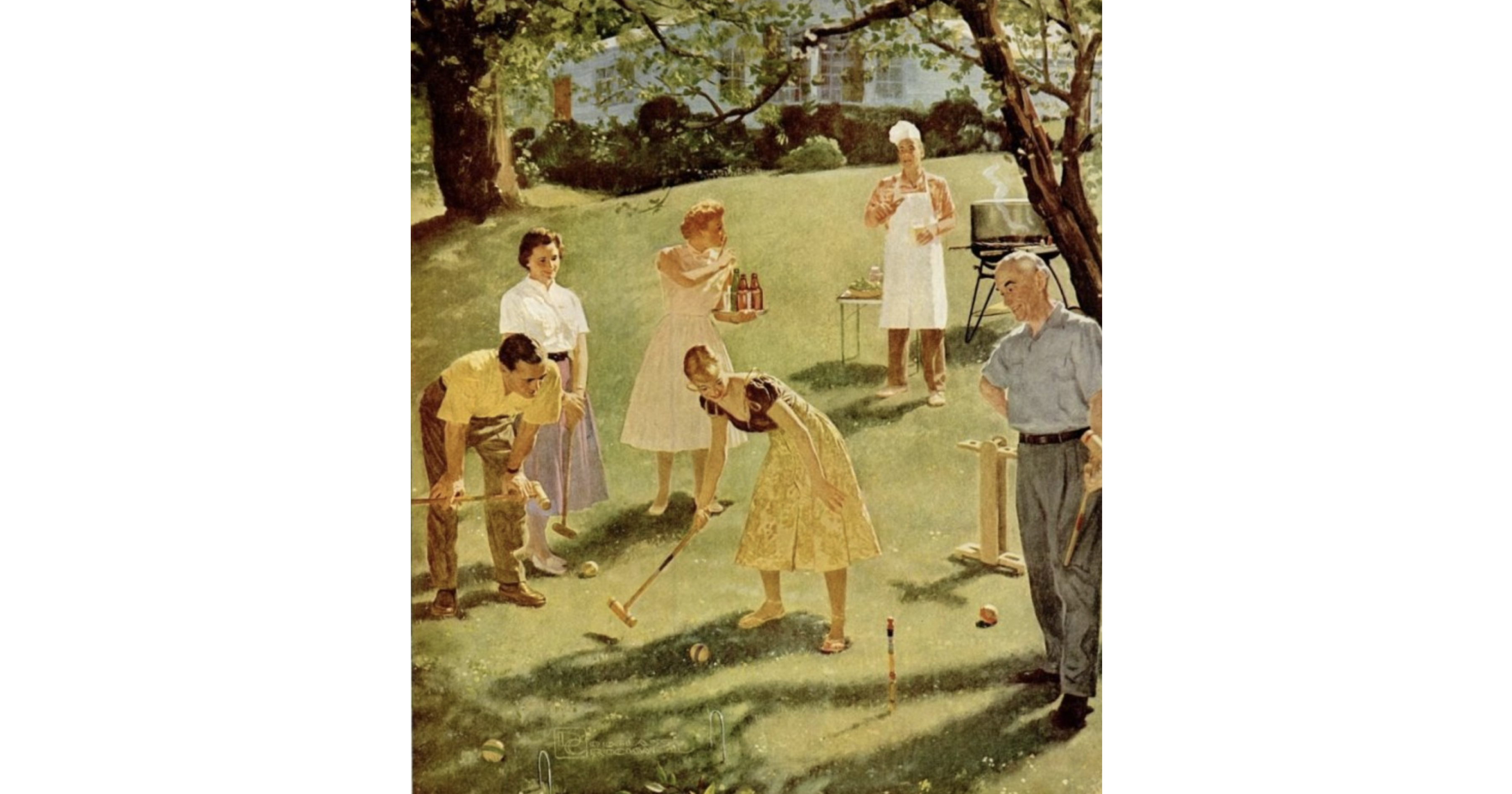 Six people at a barbecue playing croquet 