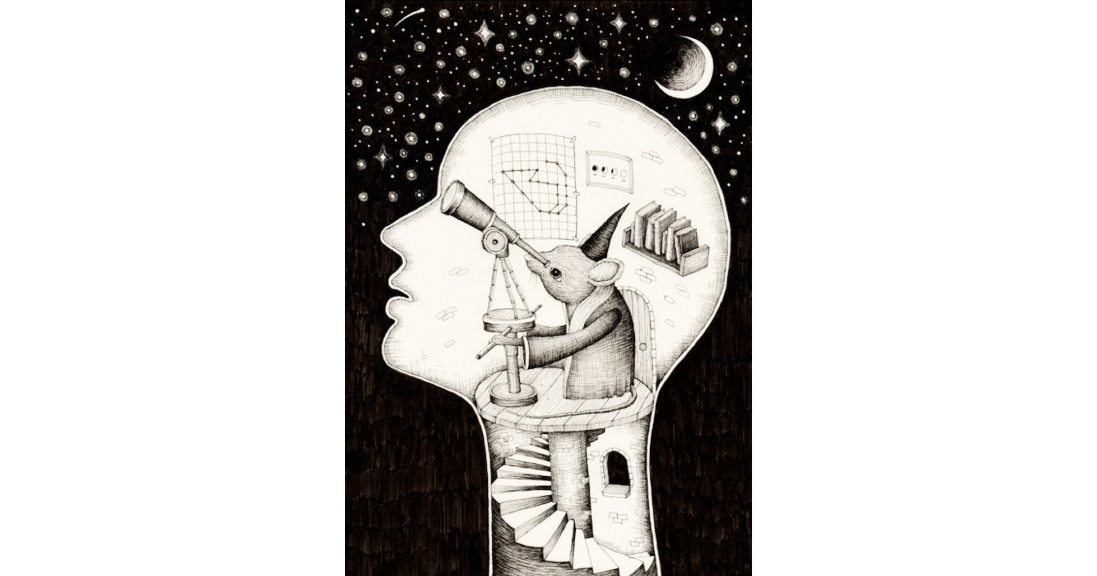 Man with a transparent head, and instead of a brain, there's an astronomer-mouse with a telescope looking through the man's eyes