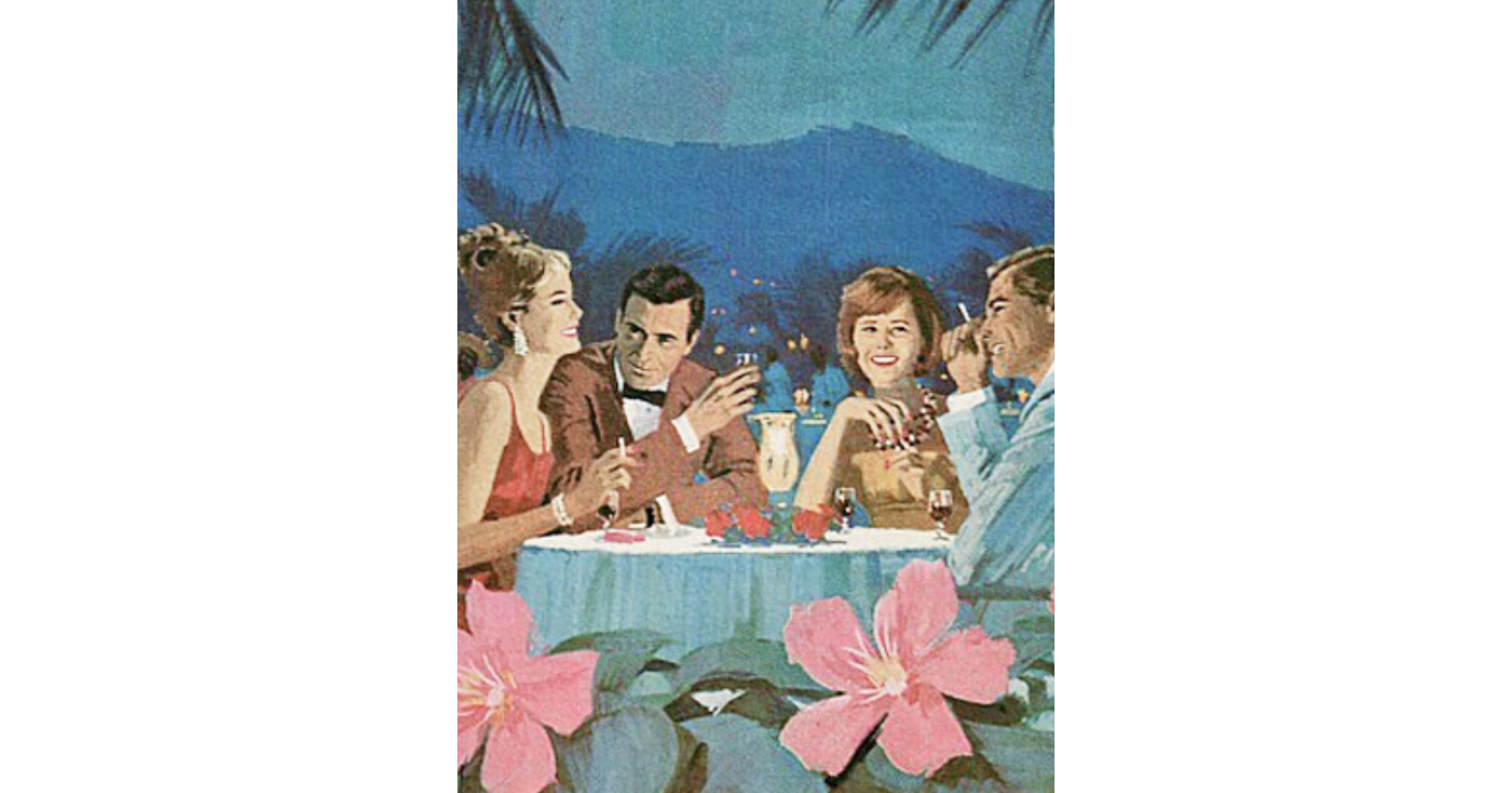 Two couples sit having dinner and chatting