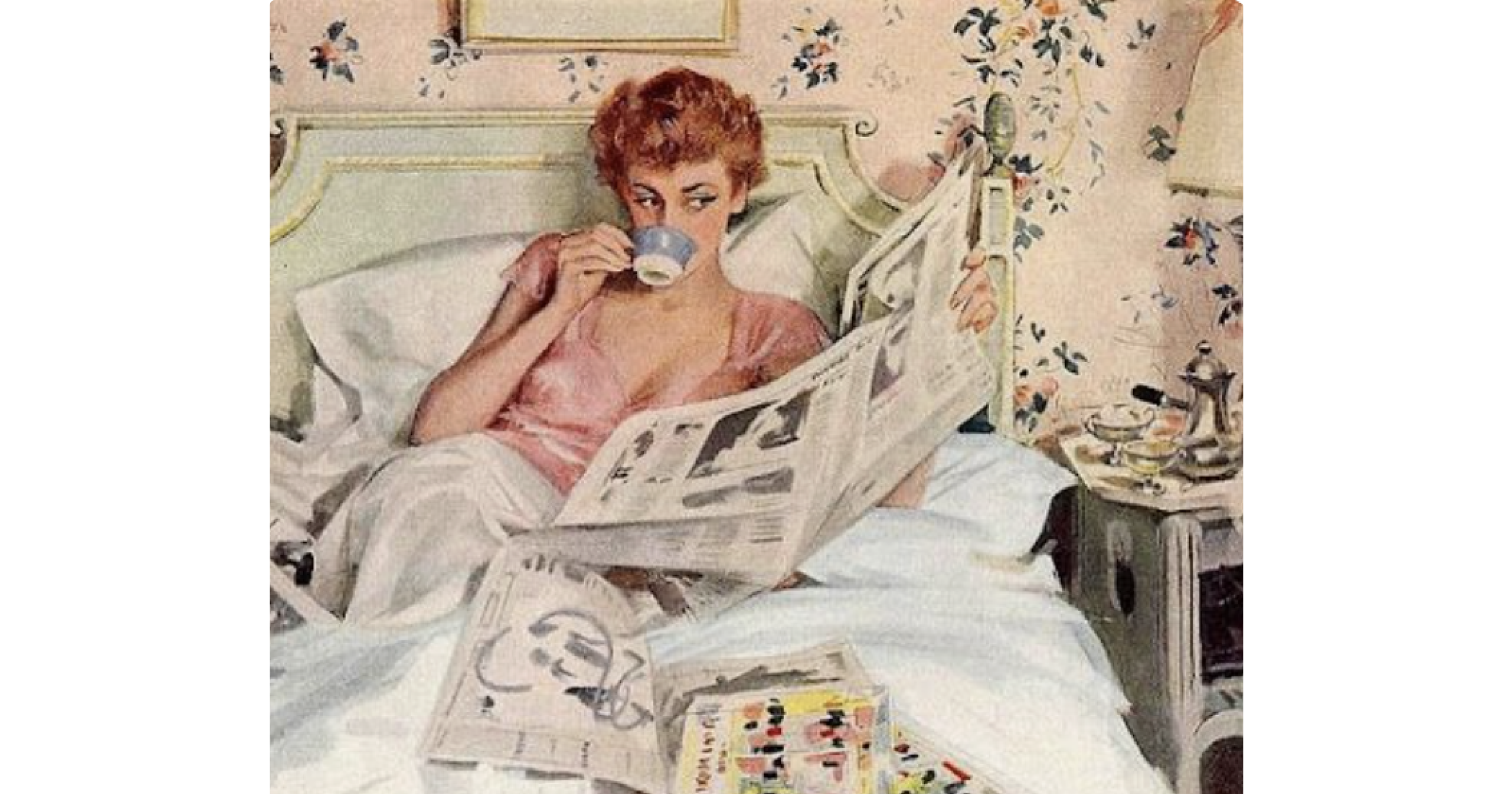 A woman sips tea and reads a newspaper in bed
