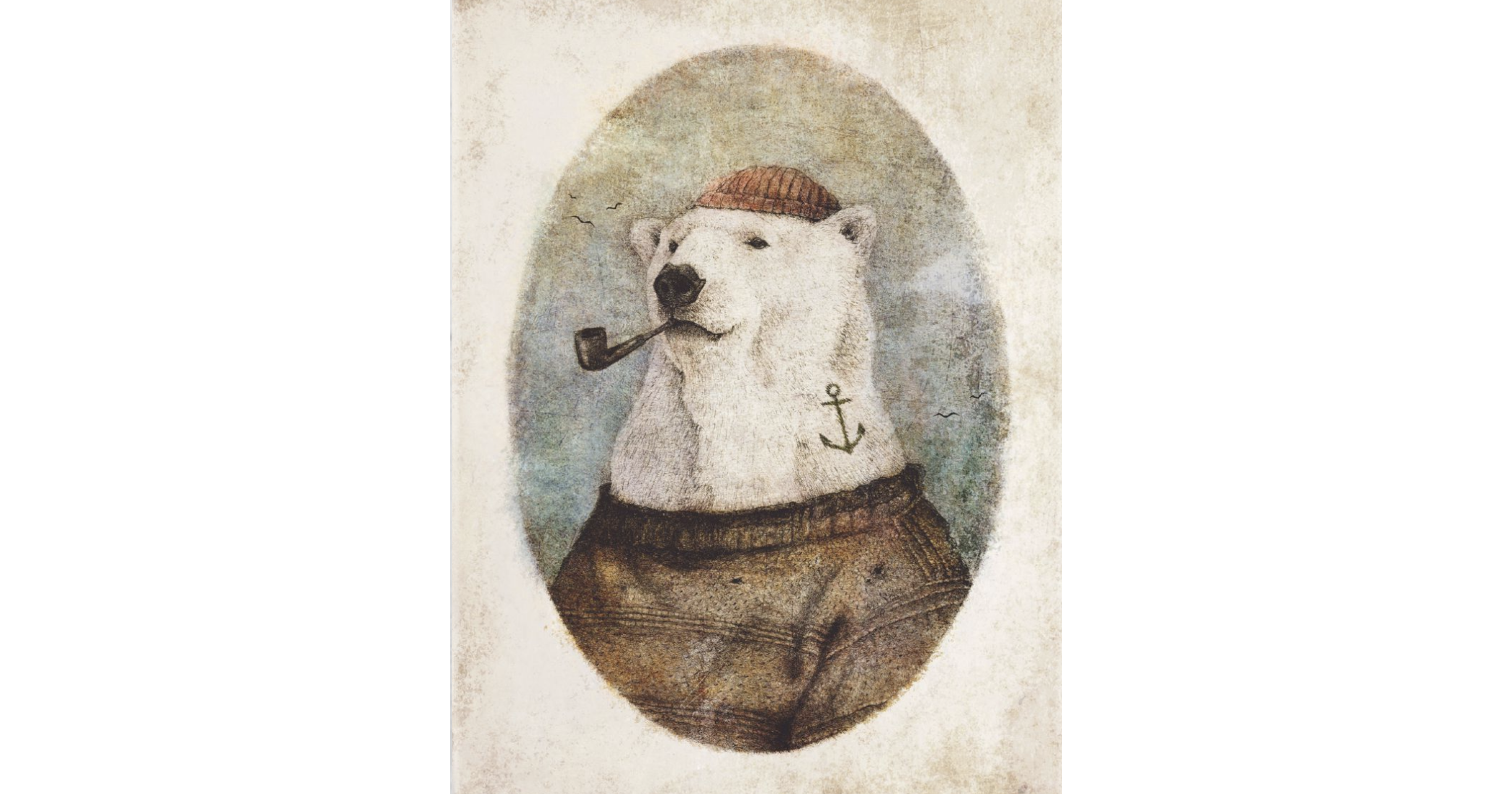 Polar bear wearing a shirt and knit hat with a pipe in its mouth and an anchor tattoo on its neck