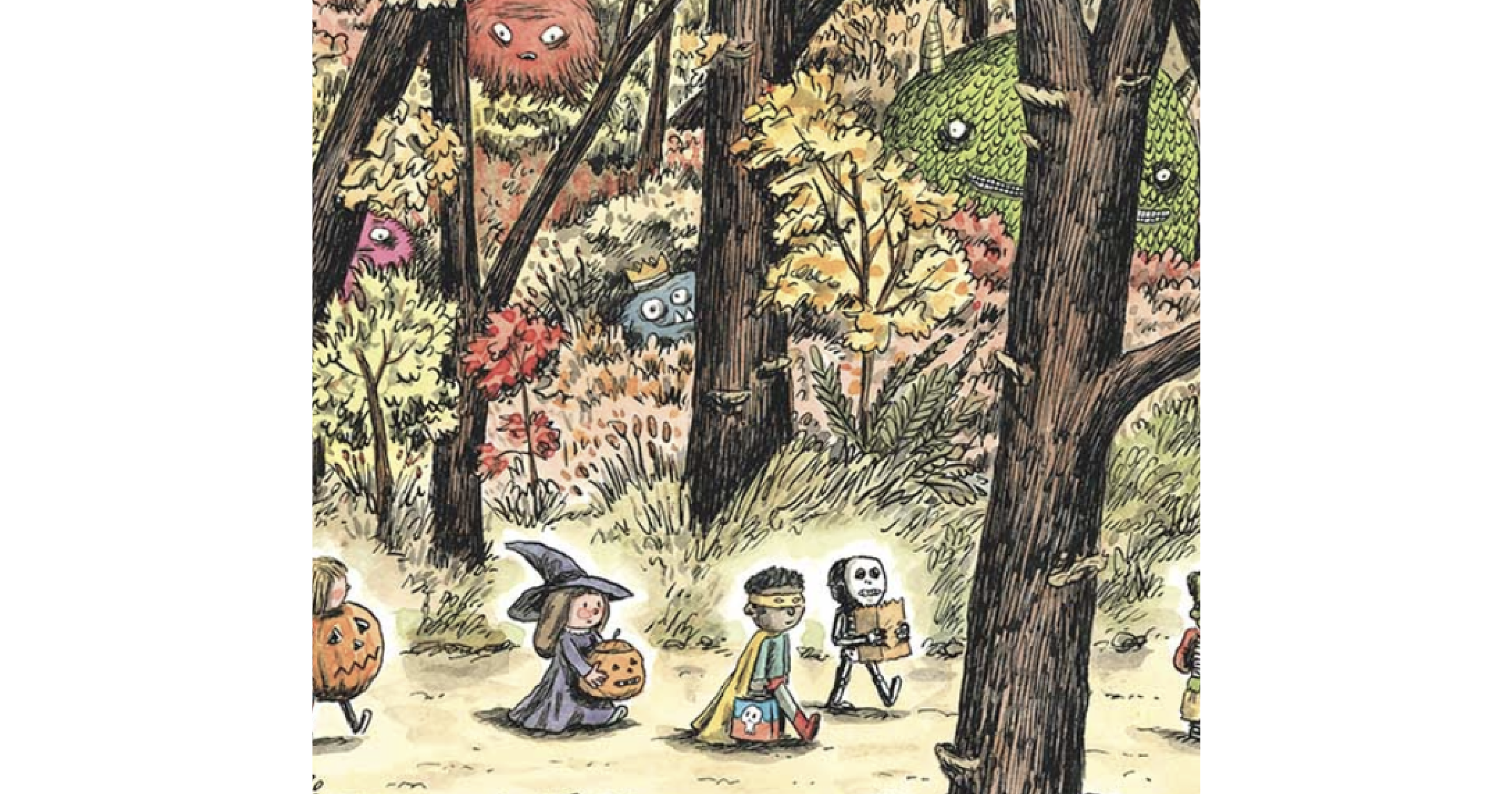 Trick-or-treaters in neat costumes walk through the woods