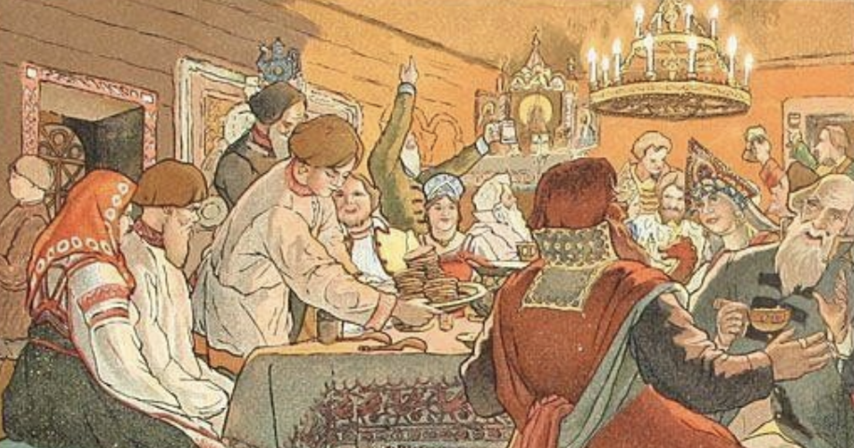 An old royal scene with people being festive with food and drinks